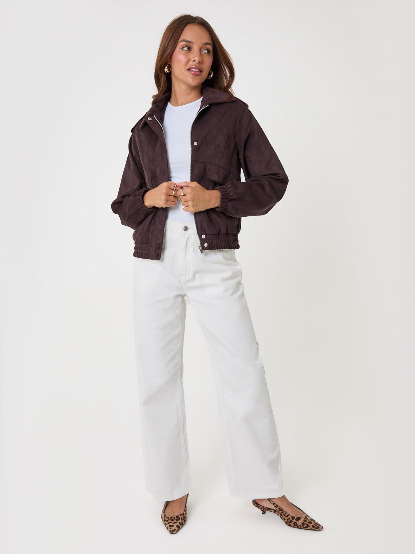 Image 3 of 4 of Threadbare Womens Collared Popper Front Faux Suede Bomber Jacket - Brown