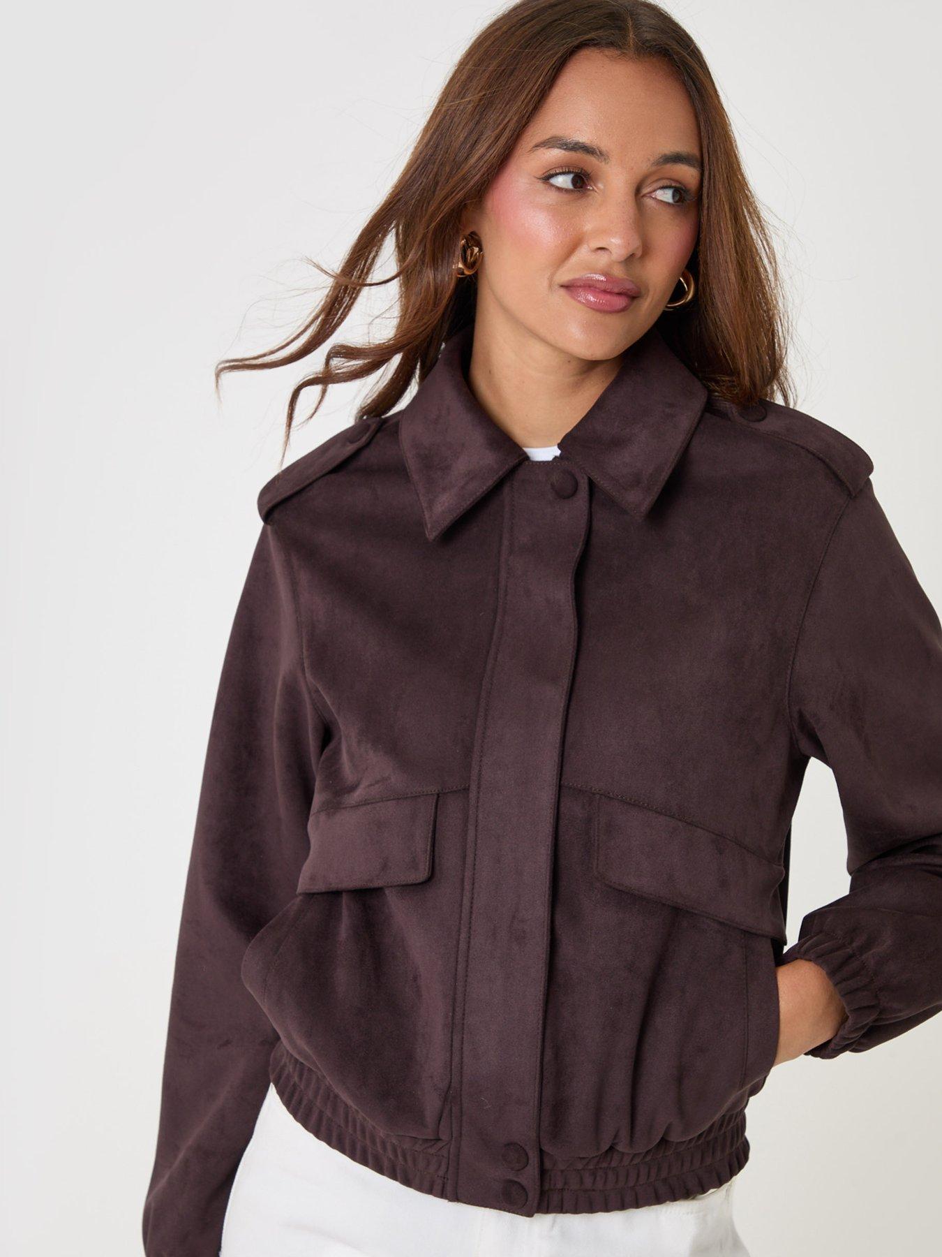 Image 4 of 4 of Threadbare Womens Collared Popper Front Faux Suede Bomber Jacket - Brown