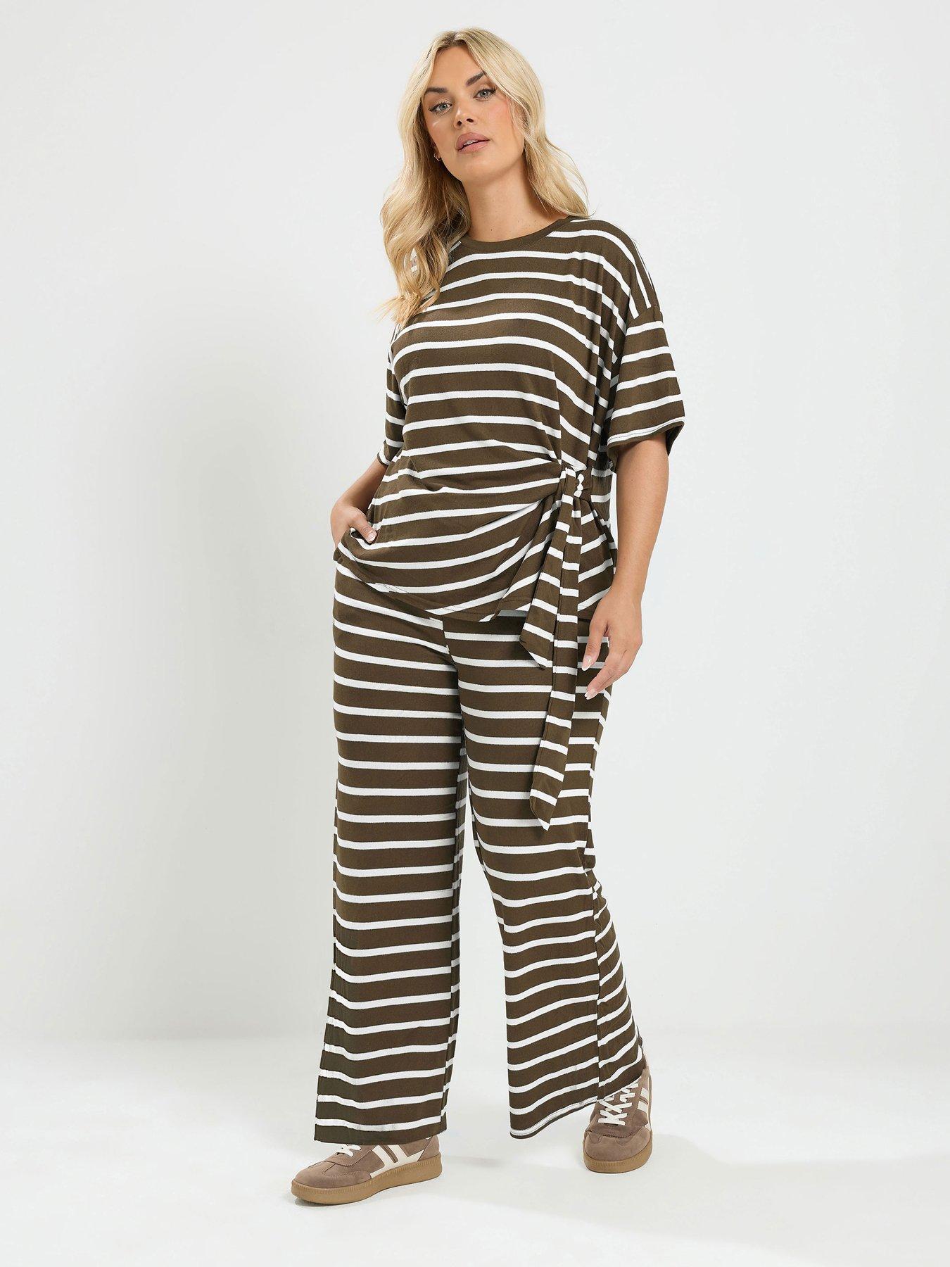 Yours Curve Stripe Tie Waist Top and Trouser Set - Brown
