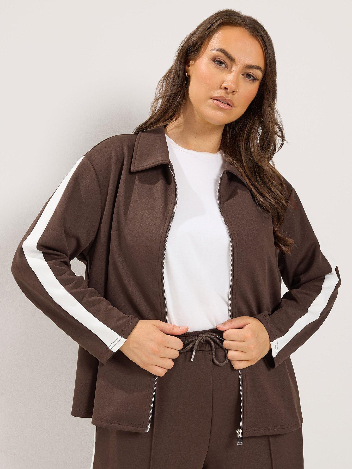 Image 1 of 4 of Yours Womens Curve Side Stripe Zip-Through Collared Jacket - Brown