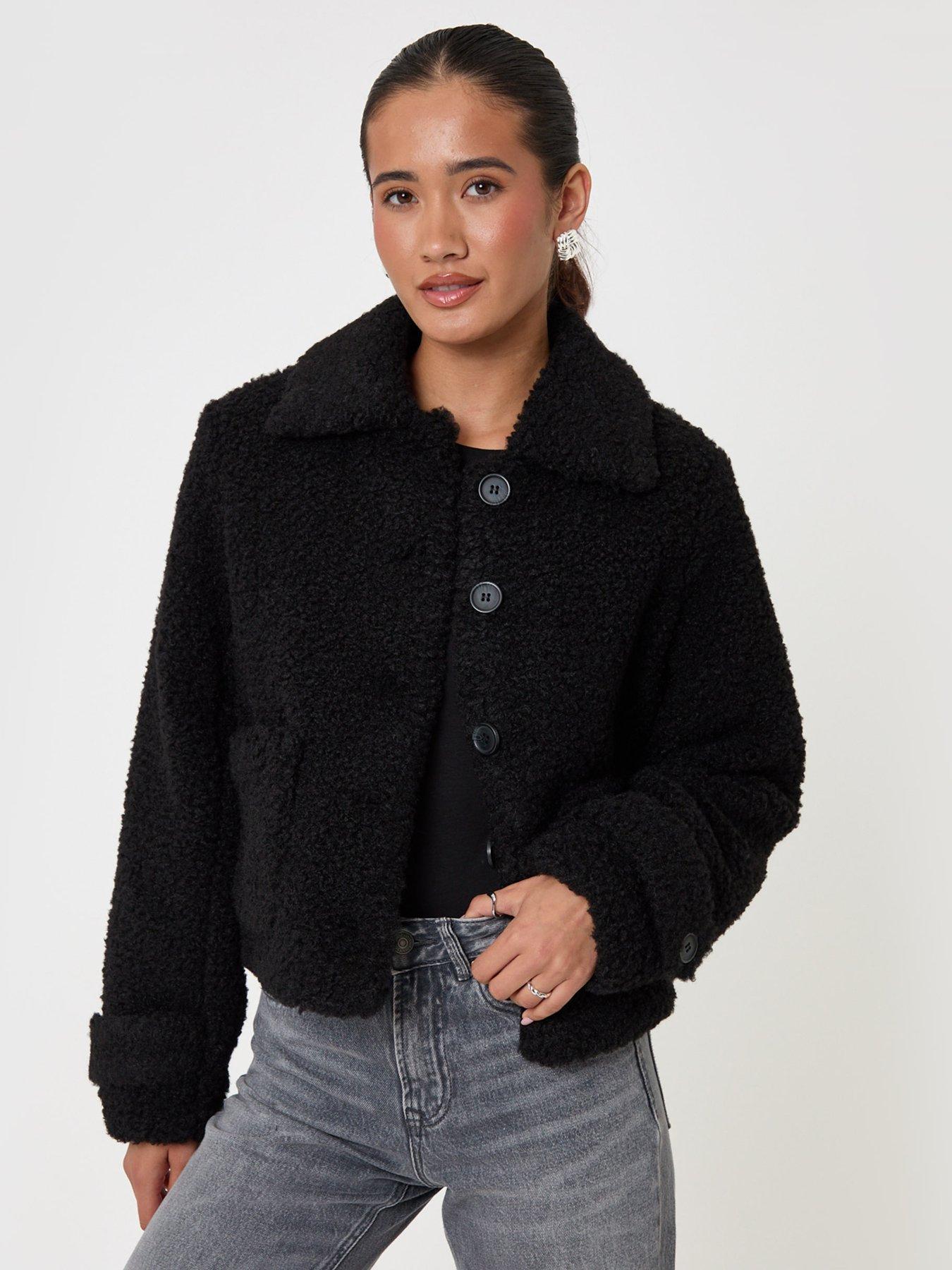 Image 1 of 4 of Threadbare Womens Borg Cropped Jacket - Black