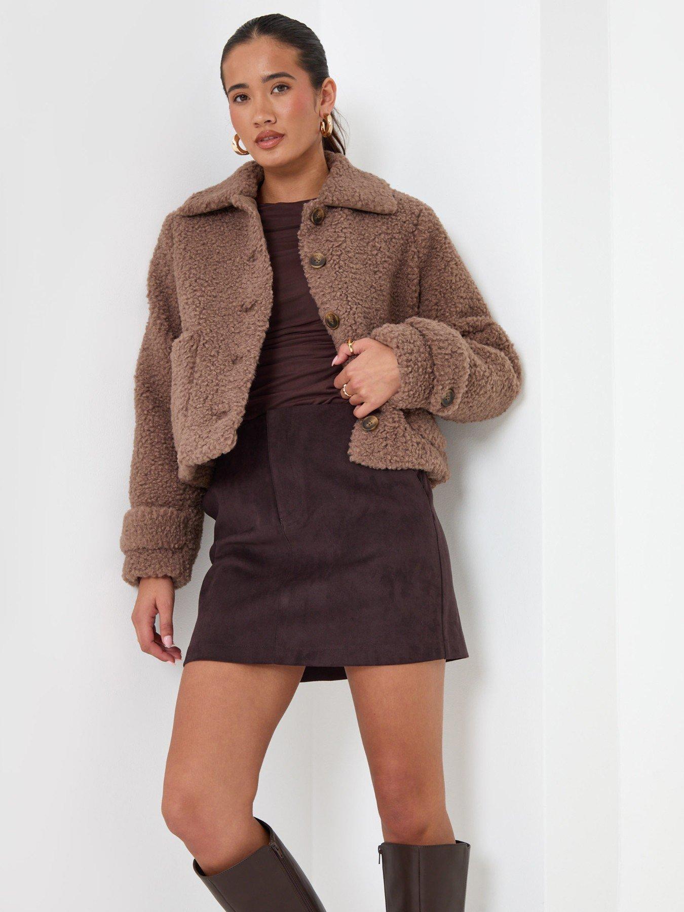 Image 1 of 4 of Threadbare Womens Borg Cropped Button Front Jacket - Mink Brown