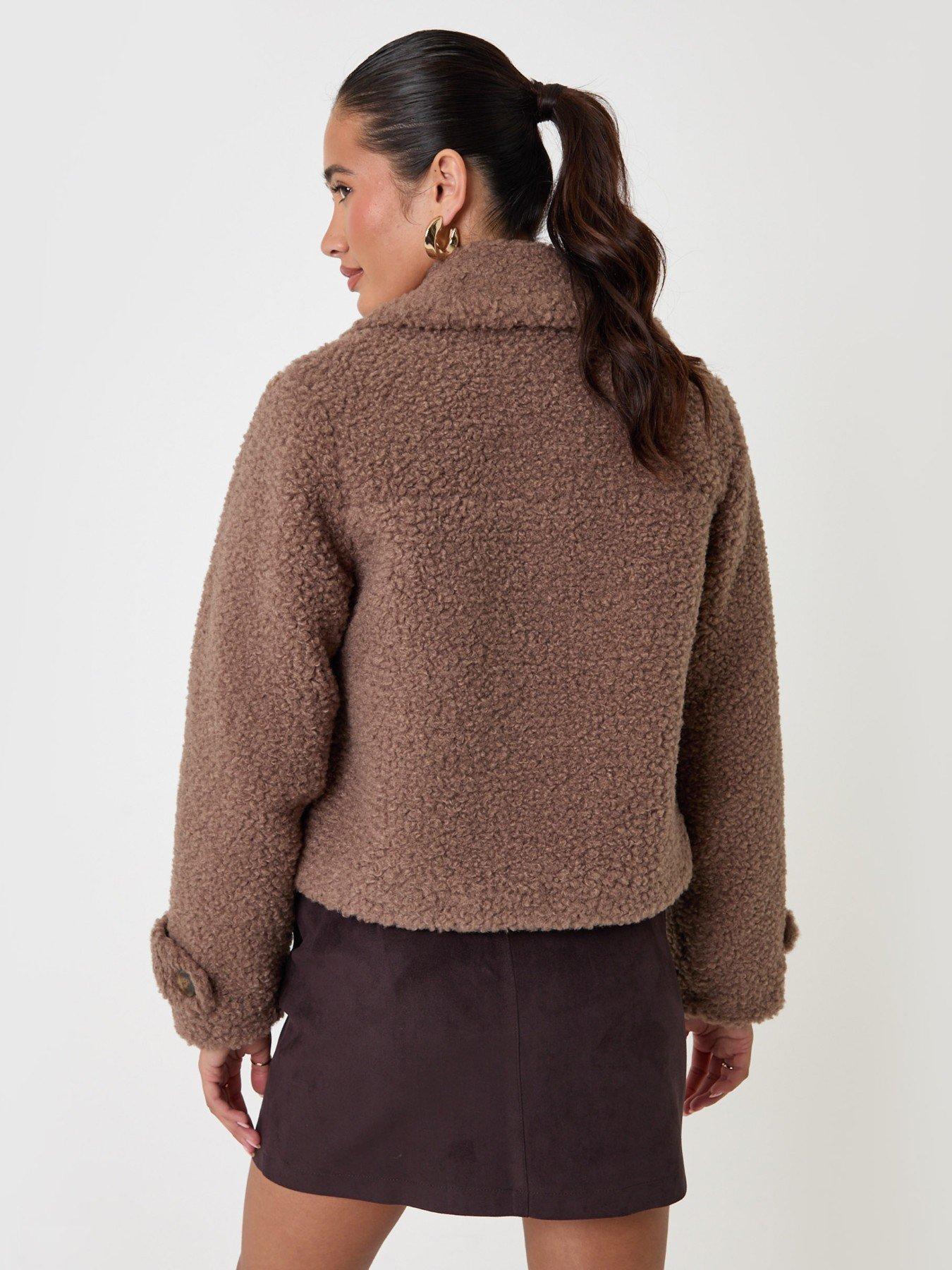 Image 2 of 4 of Threadbare Womens Borg Cropped Button Front Jacket - Mink Brown