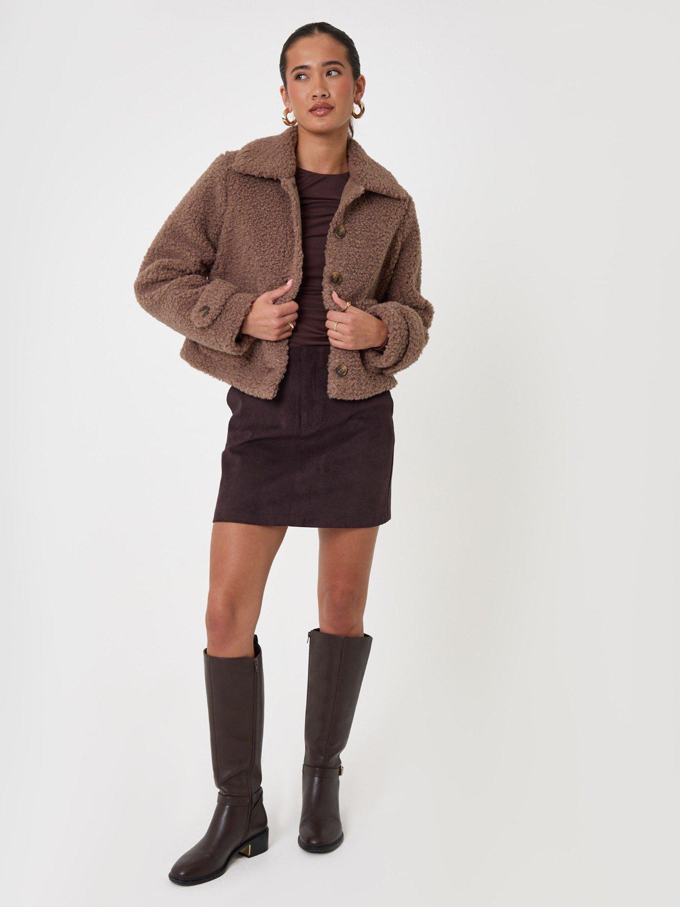 Image 3 of 4 of Threadbare Womens Borg Cropped Button Front Jacket - Mink Brown