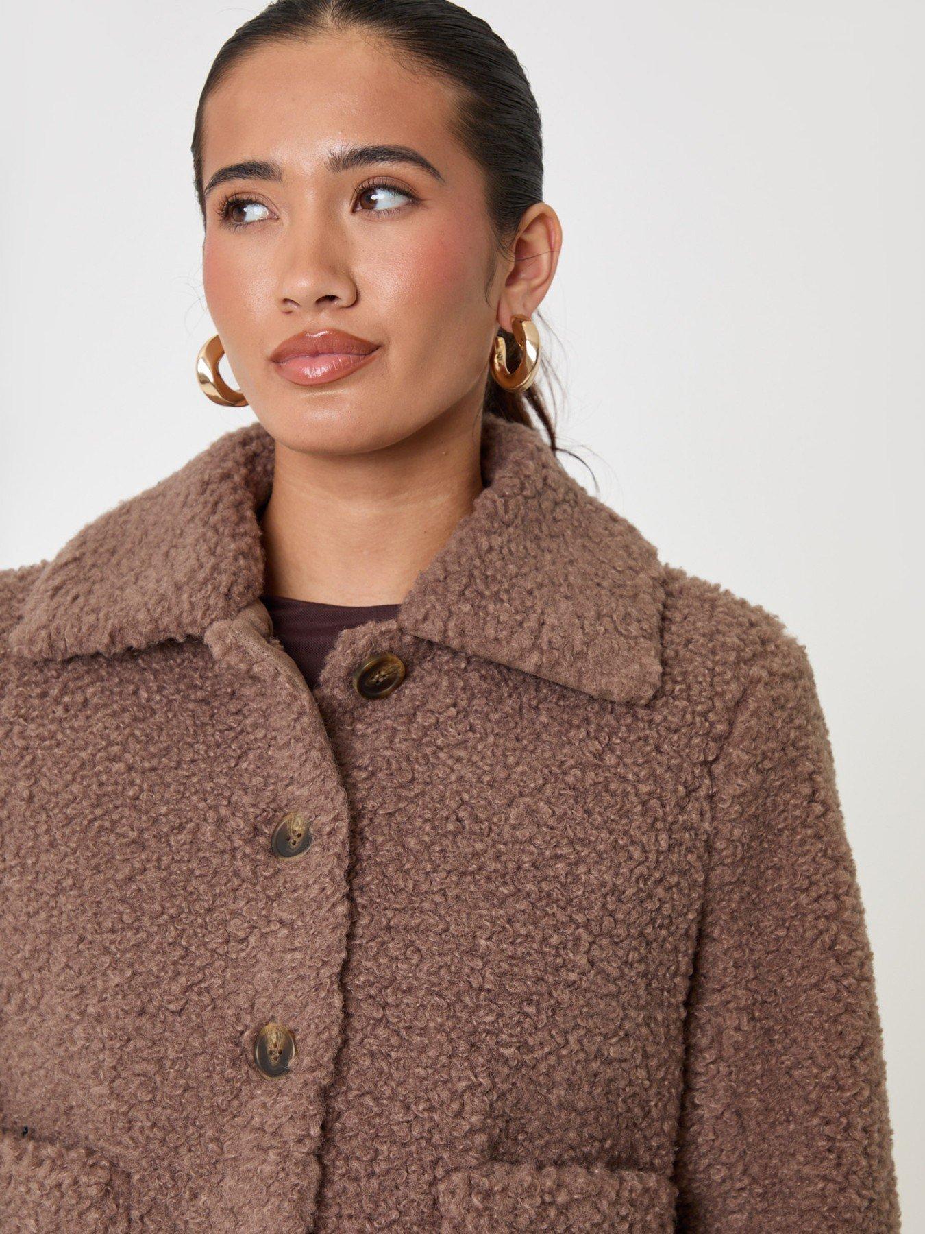 Image 4 of 4 of Threadbare Womens Borg Cropped Button Front Jacket - Mink Brown