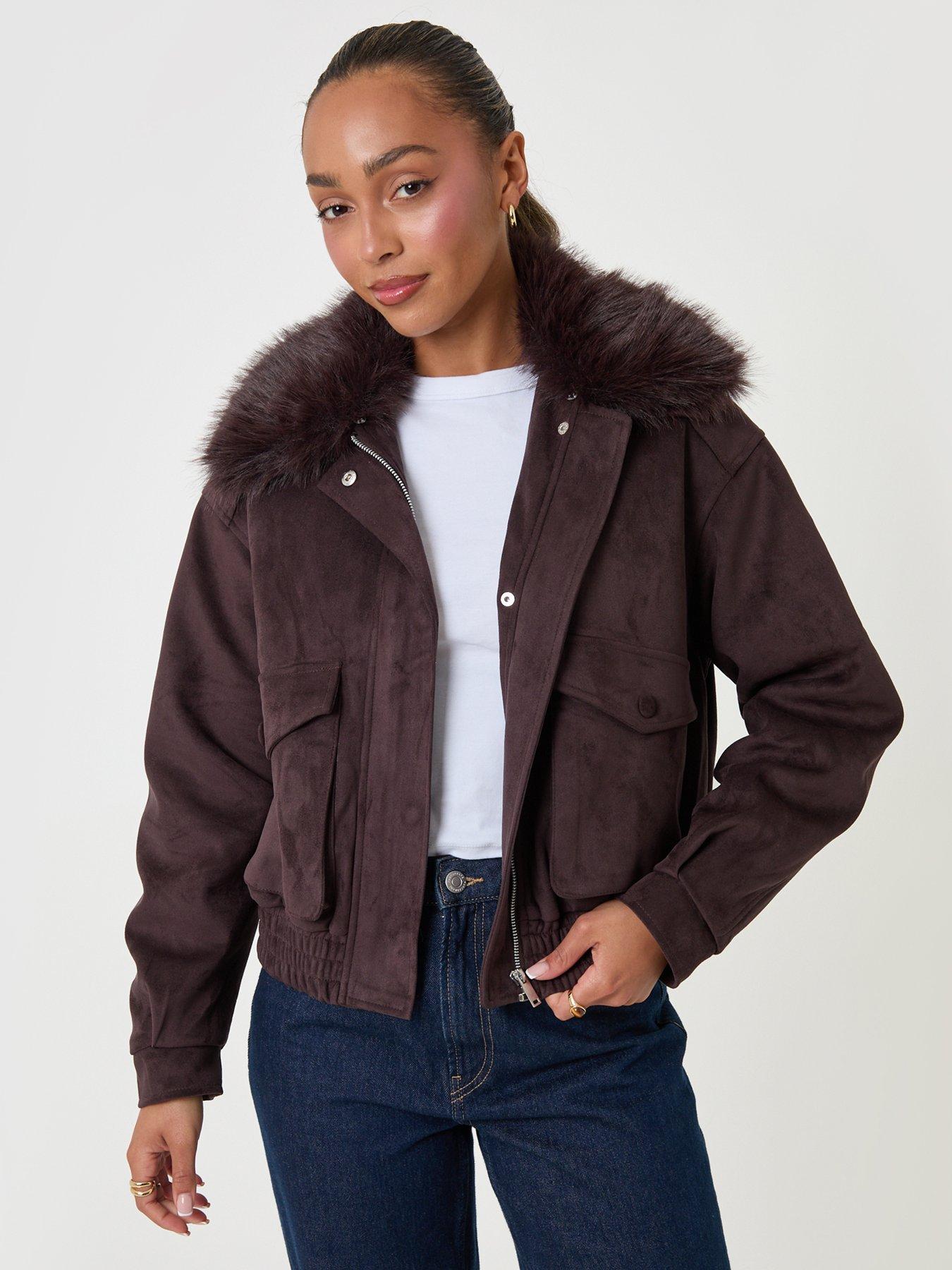 Image 1 of 5 of Threadbare Womens Faux Suede Fur Collar Jacket - Brown