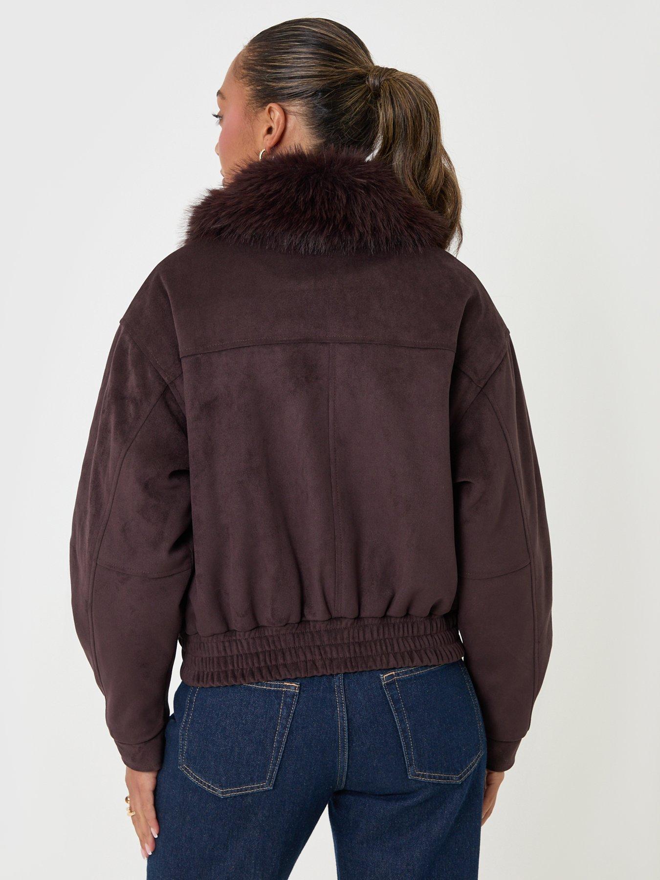 Image 2 of 5 of Threadbare Womens Faux Suede Fur Collar Jacket - Brown
