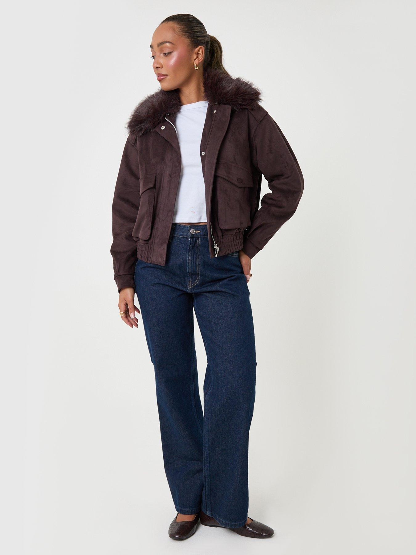 Image 3 of 5 of Threadbare Womens Faux Suede Fur Collar Jacket - Brown