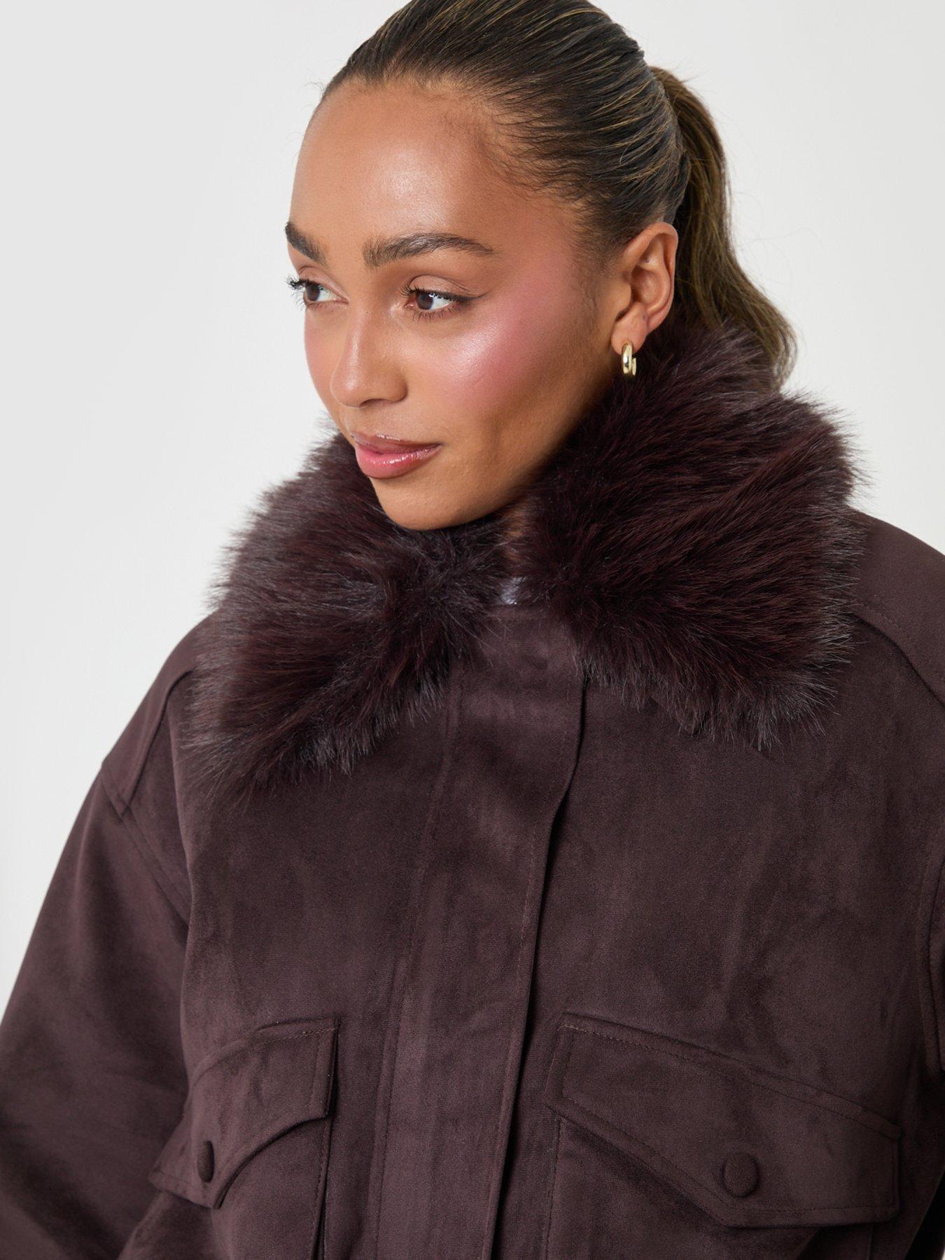 Image 4 of 5 of Threadbare Womens Faux Suede Fur Collar Jacket - Brown