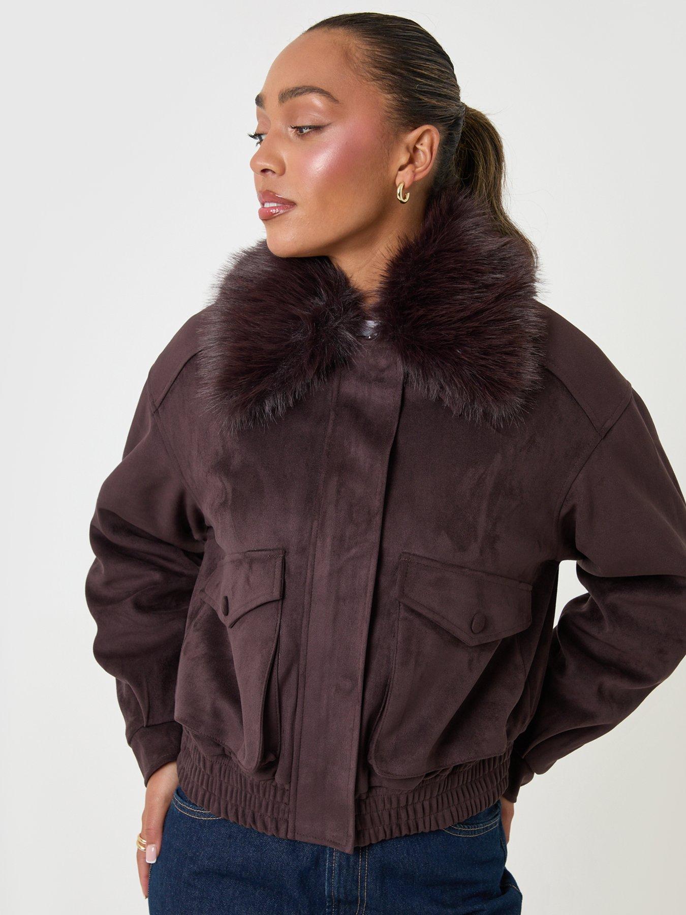 Image 5 of 5 of Threadbare Womens Faux Suede Fur Collar Jacket - Brown