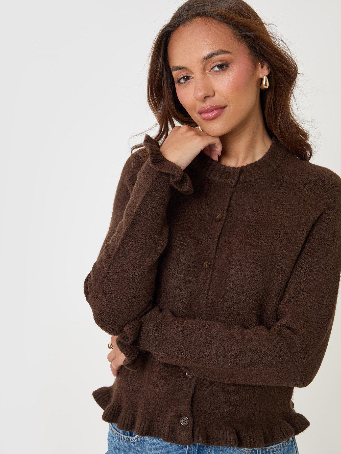 Image 1 of 4 of Threadbare Womens Ruffle Neck Button Front Cardigan - Brown