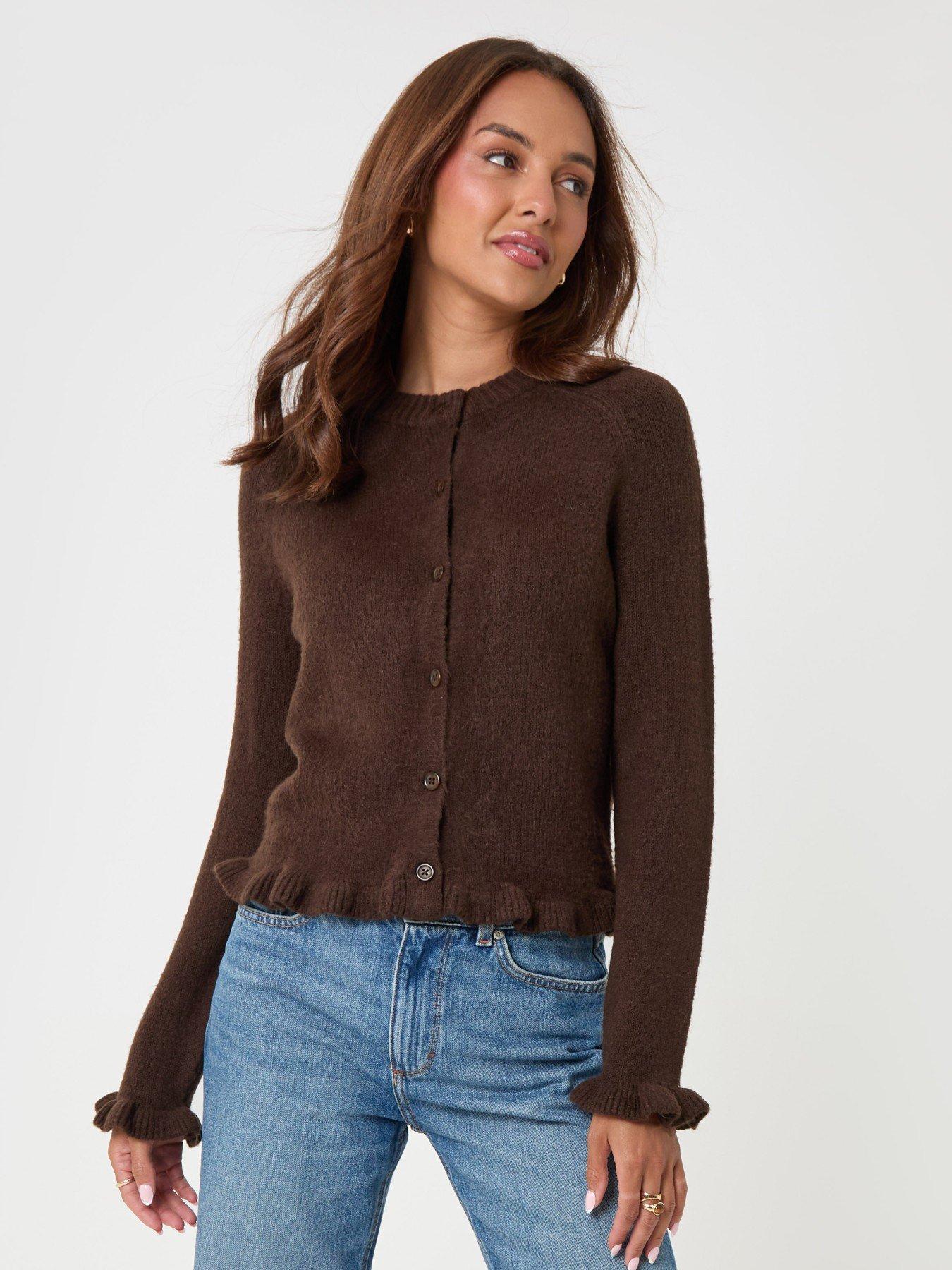 Image 2 of 4 of Threadbare Womens Ruffle Neck Button Front Cardigan - Brown