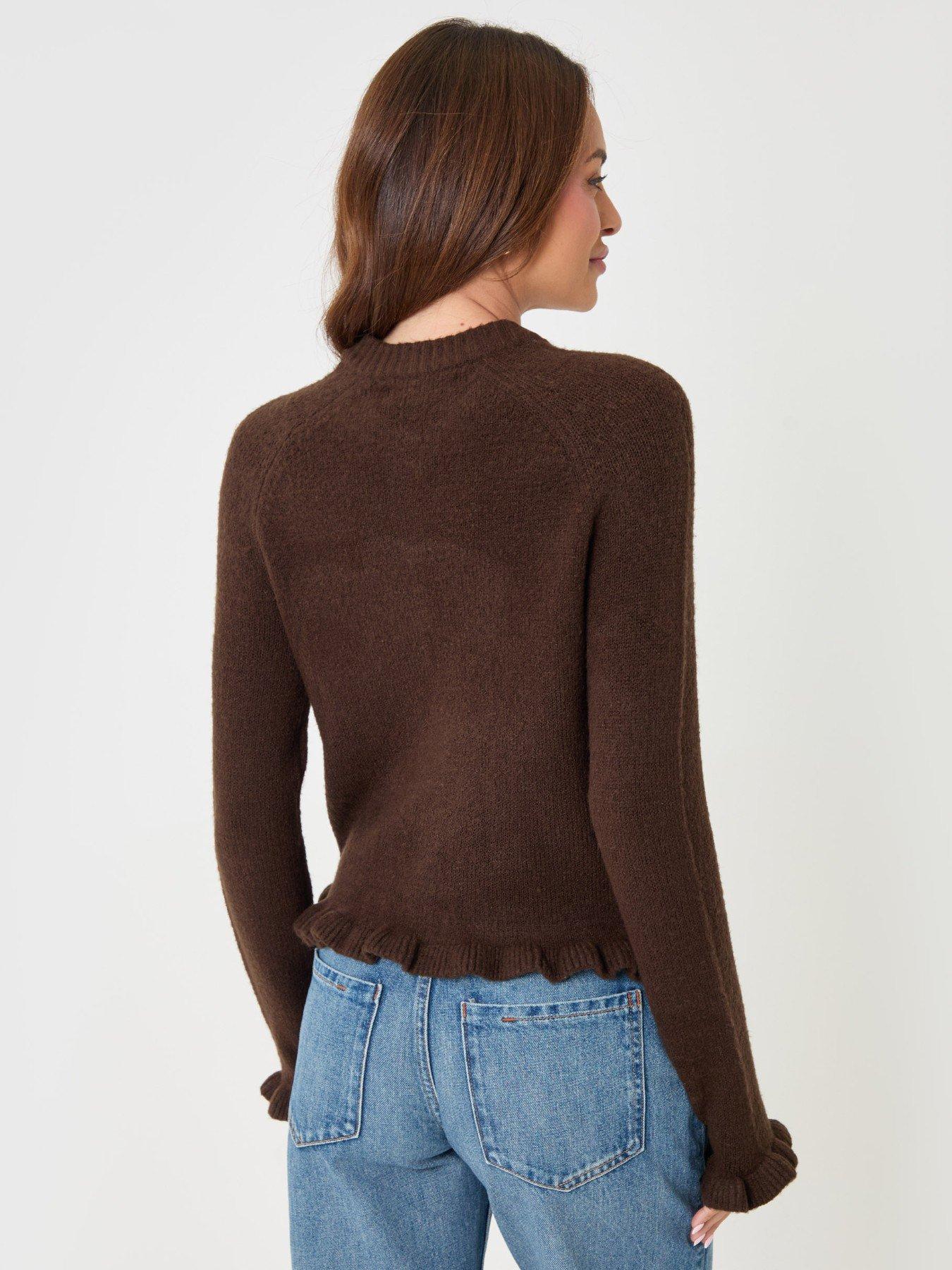 Image 3 of 4 of Threadbare Womens Ruffle Neck Button Front Cardigan - Brown