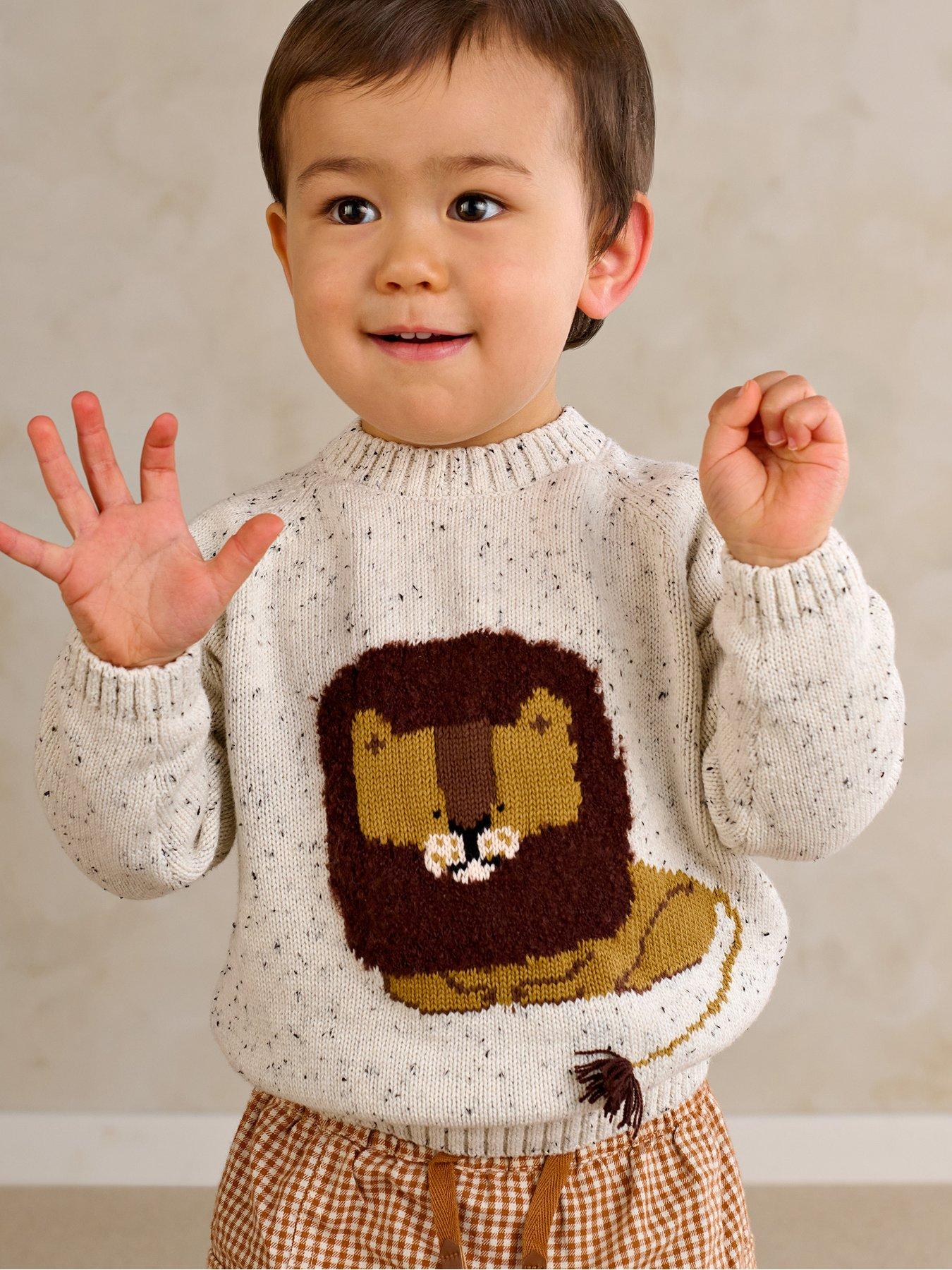 Mamas & Papas Baby Boys Lion Knit Jumper, Beige, Size 0-3 Months