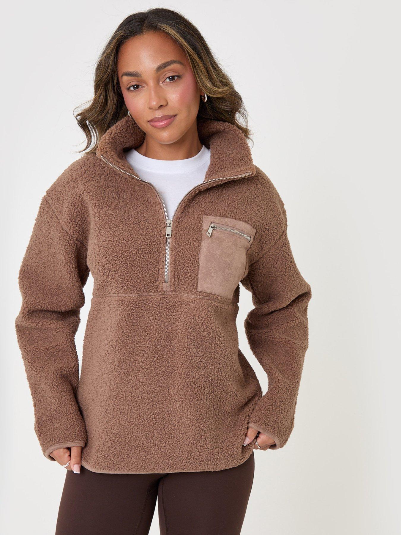 Image 1 of 6 of Threadbare Womens Half-Zip Funnel Neck Borg Fleece - Brown