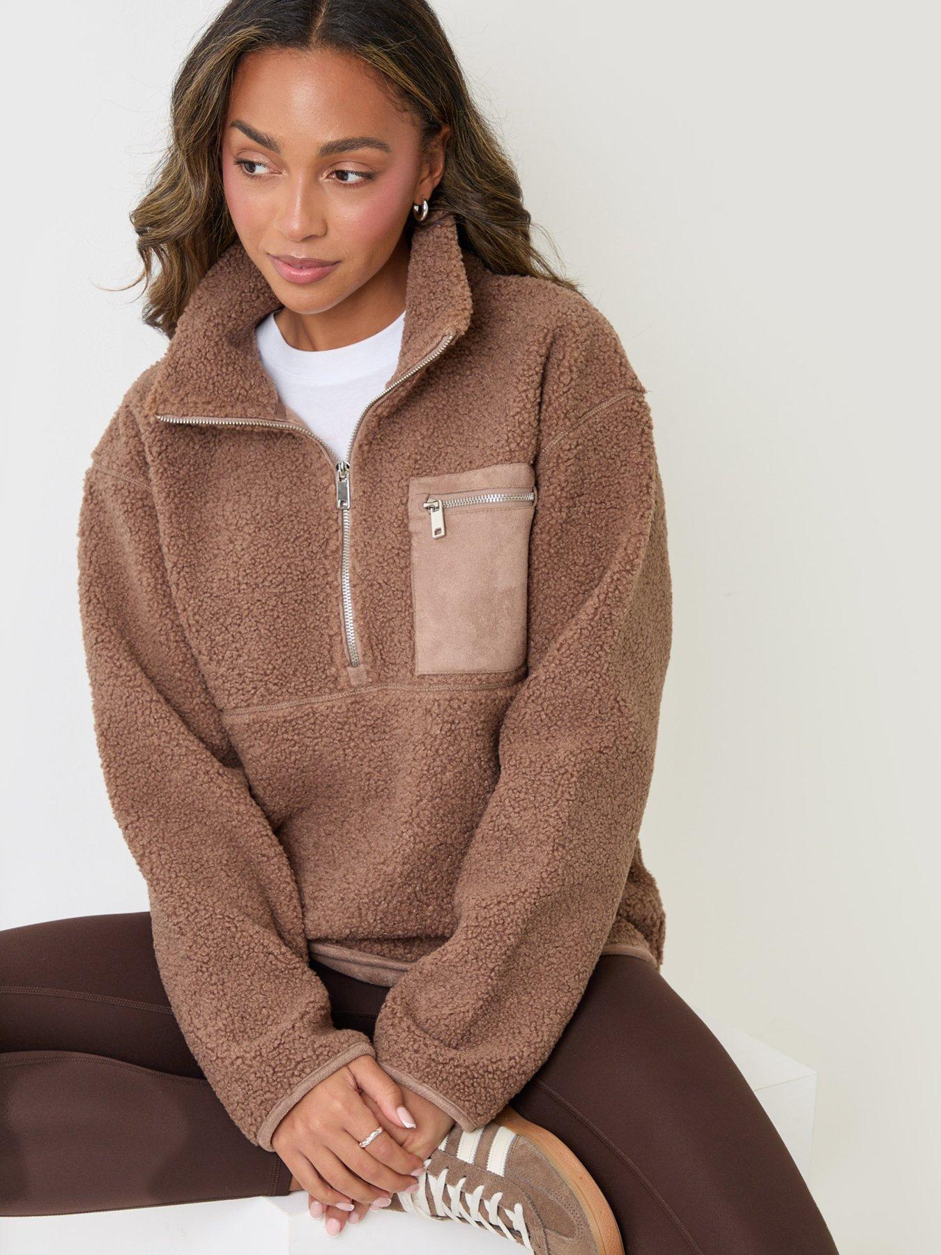 Image 6 of 6 of Threadbare Womens Half-Zip Funnel Neck Borg Fleece - Brown