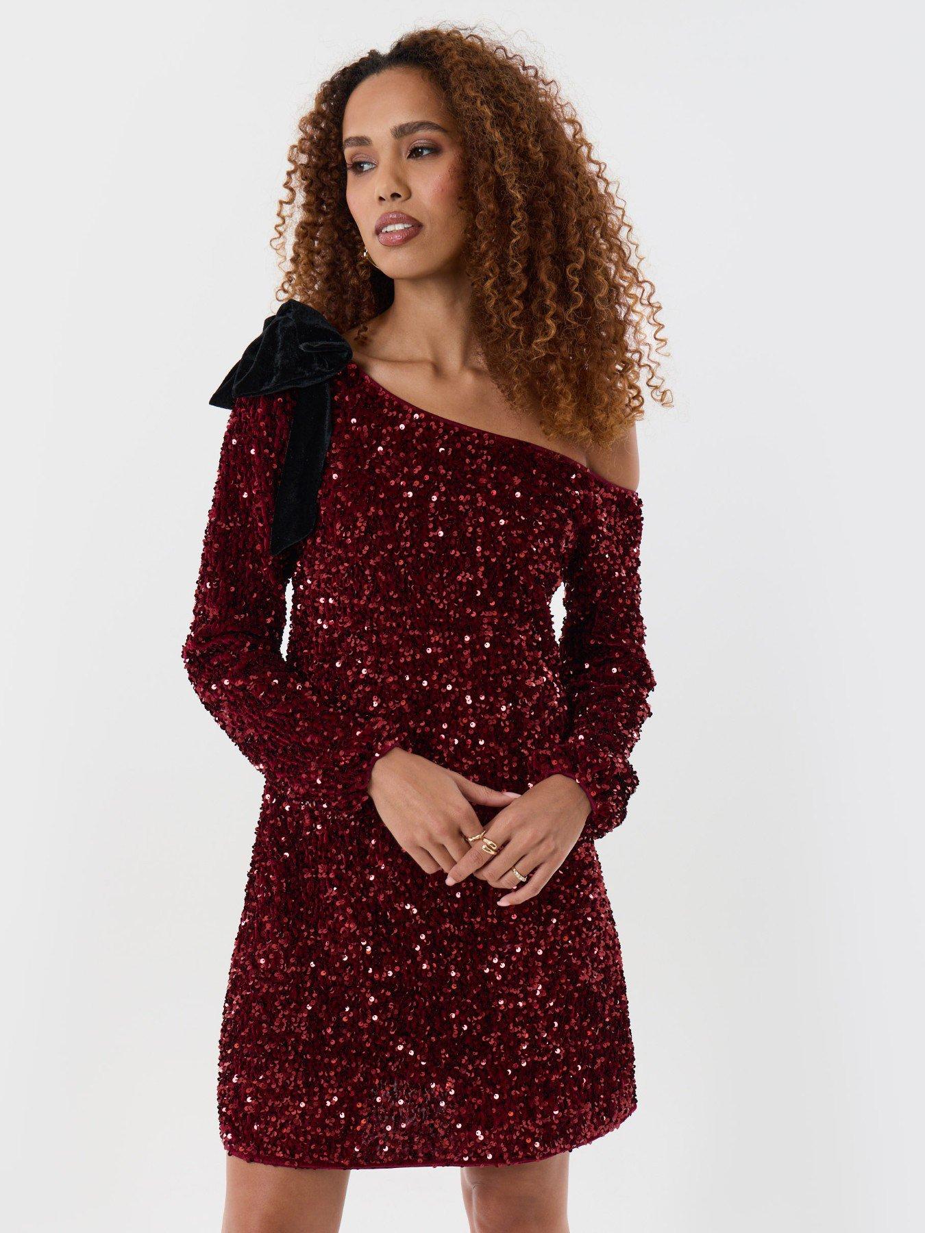 Image 1 of 6 of Threadbare Womens Sequin Slash Neck Bow Detail Dress - Burgundy