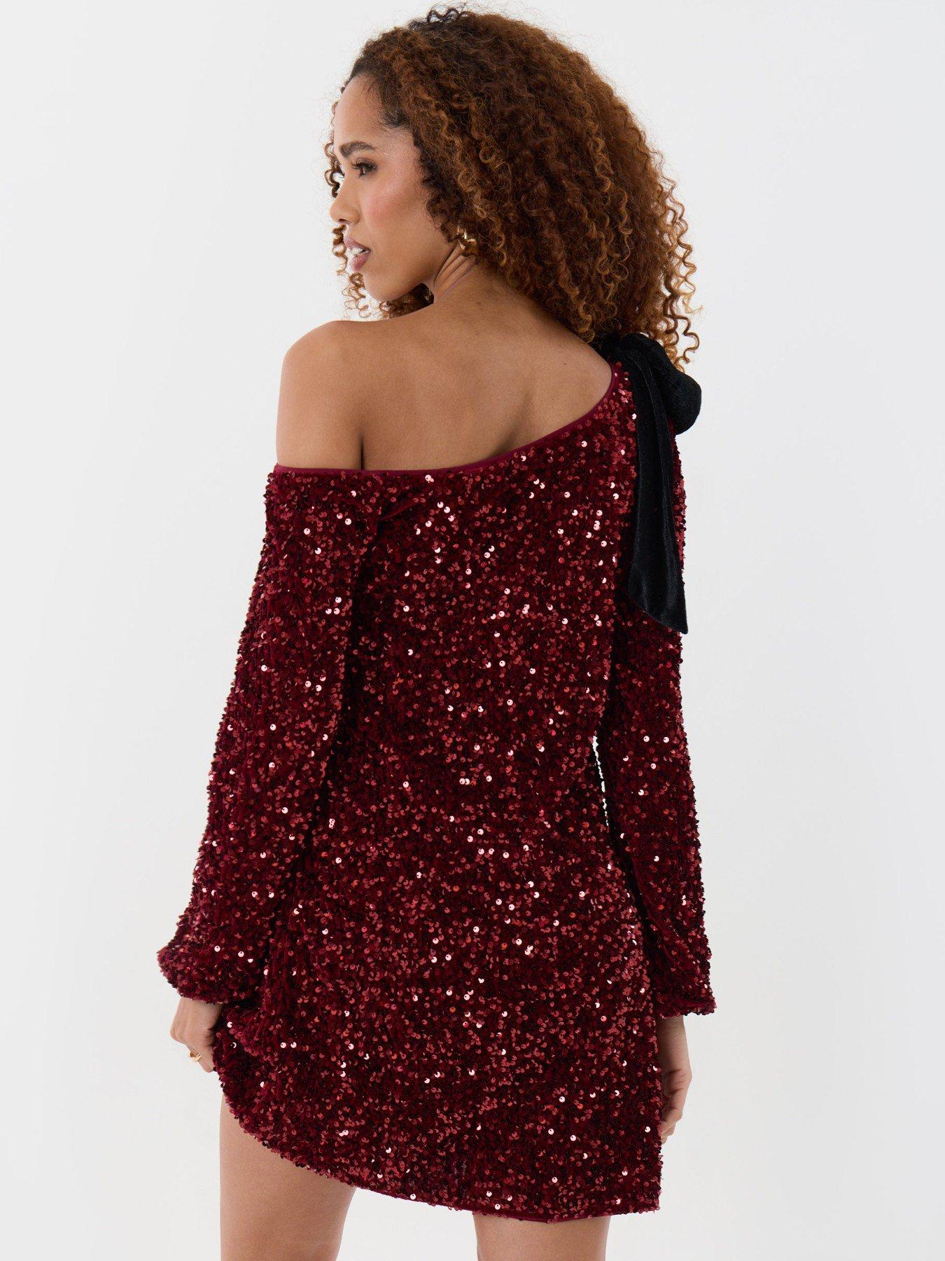 Image 2 of 6 of Threadbare Womens Sequin Slash Neck Bow Detail Dress - Burgundy