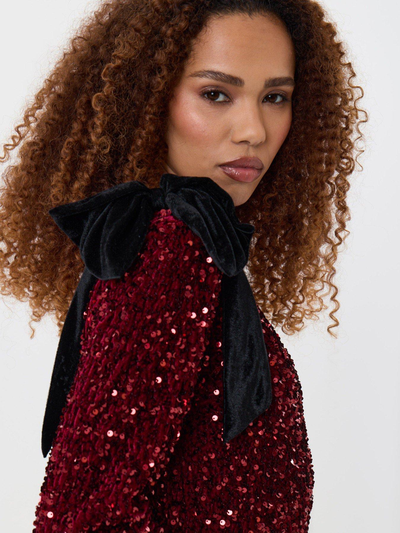 Image 4 of 6 of Threadbare Womens Sequin Slash Neck Bow Detail Dress - Burgundy