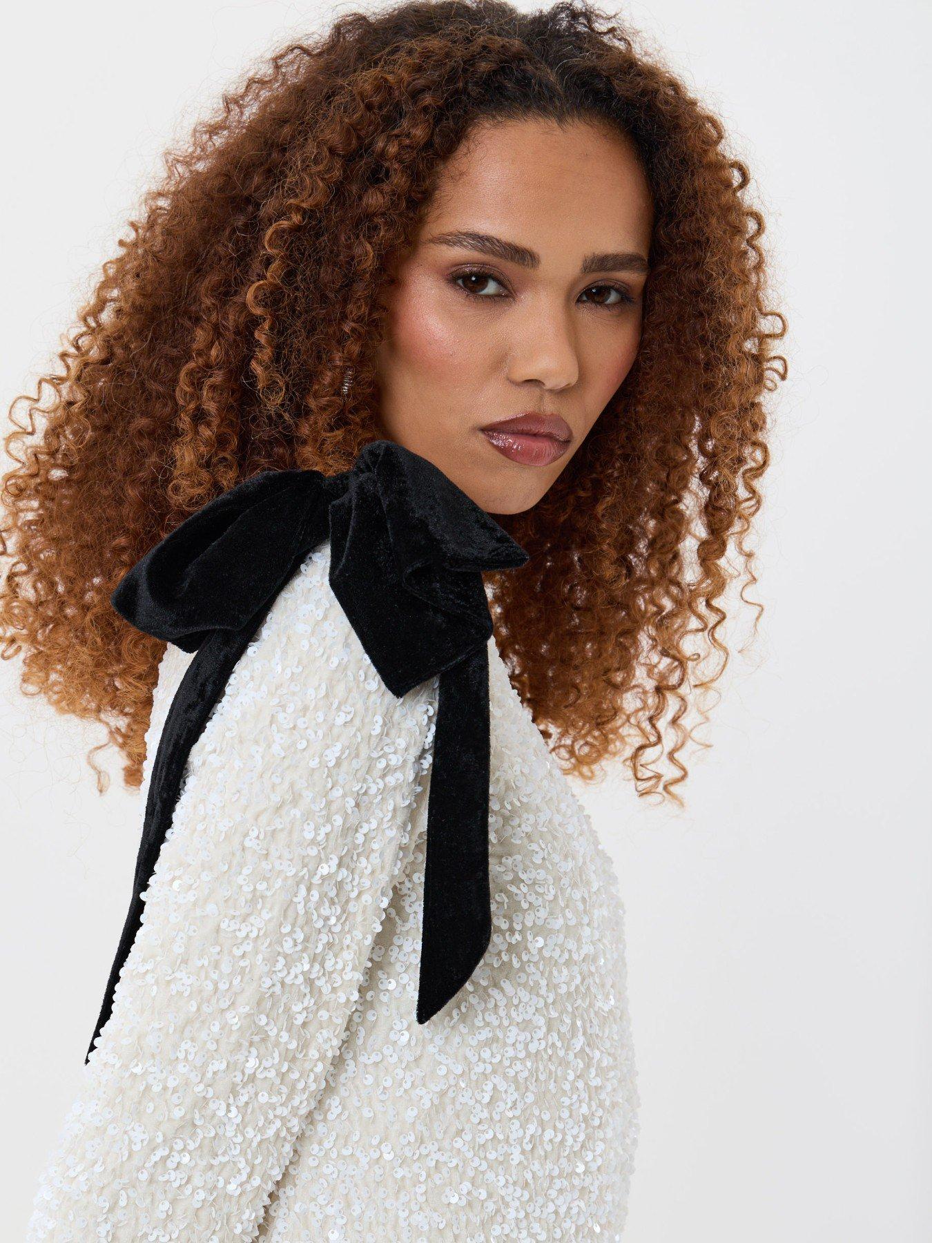 Image 4 of 5 of Threadbare Womens Slash Neck Bow Detail Sequin Dress - White