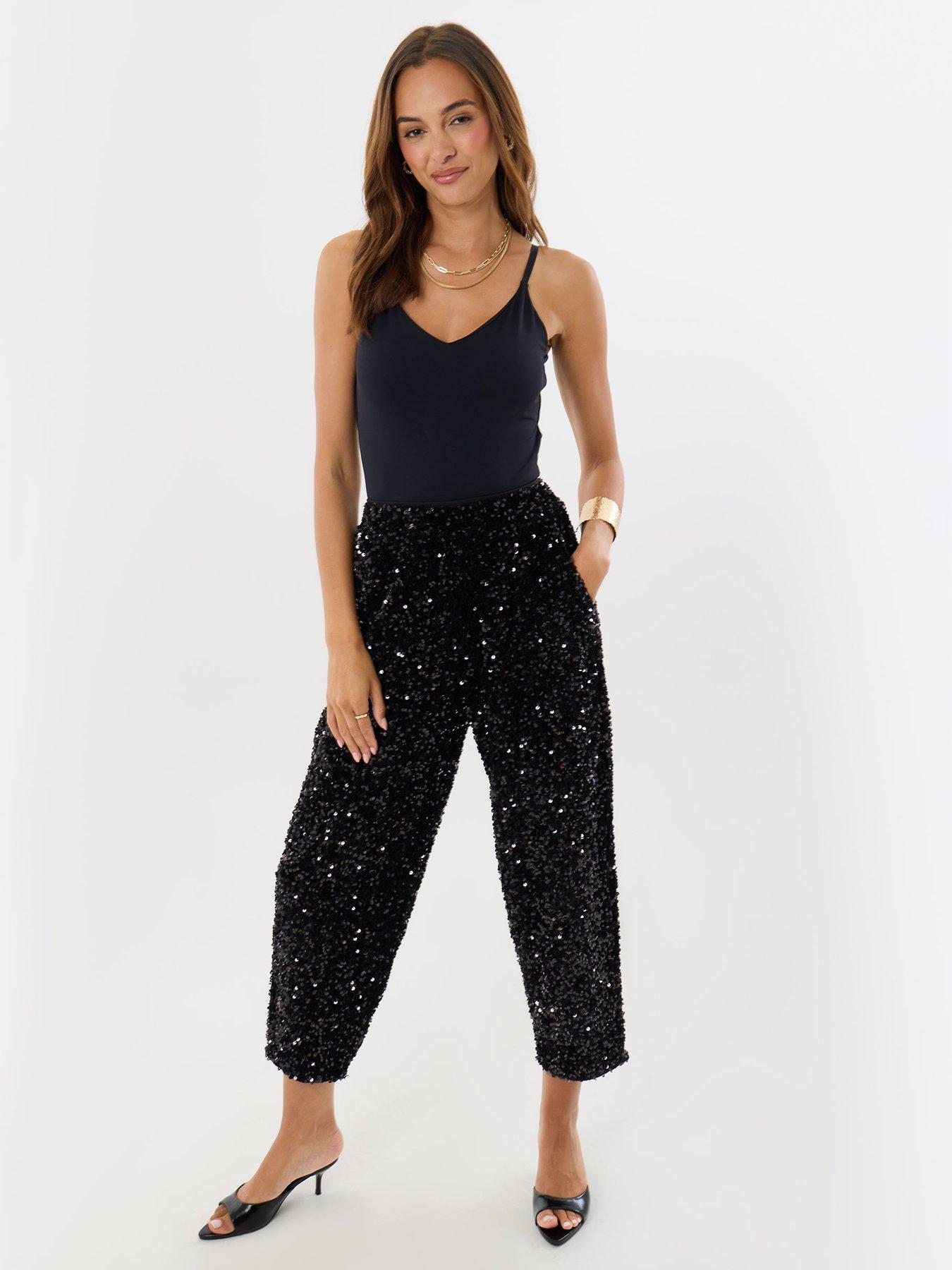 Image 3 of 4 of Threadbare Sequin High Waisted Trousers In Black