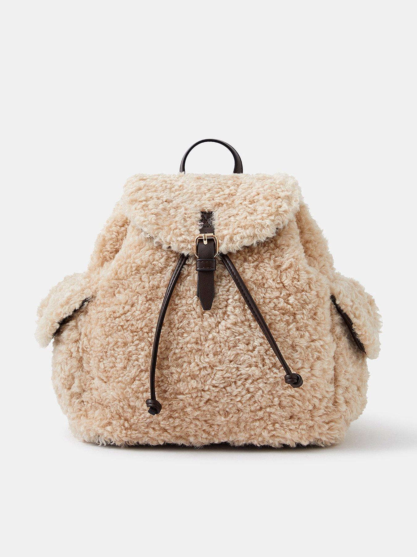 Image 1 of 4 of Accessorize Shearling Drawstring Backpack - Cream