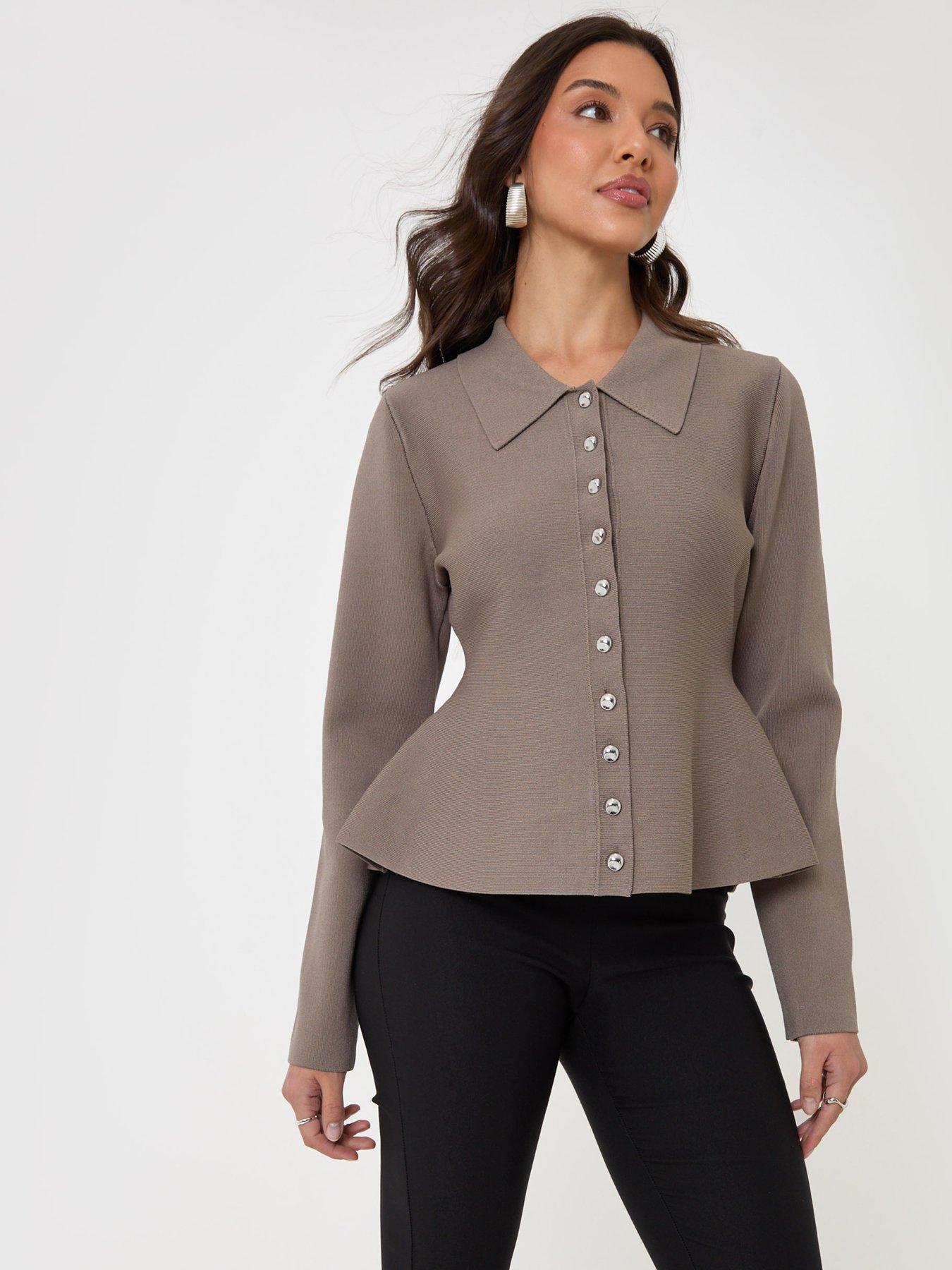 Image 1 of 4 of Threadbare Womens Peplum Collared Button-Through Cardigan - Mink Brown