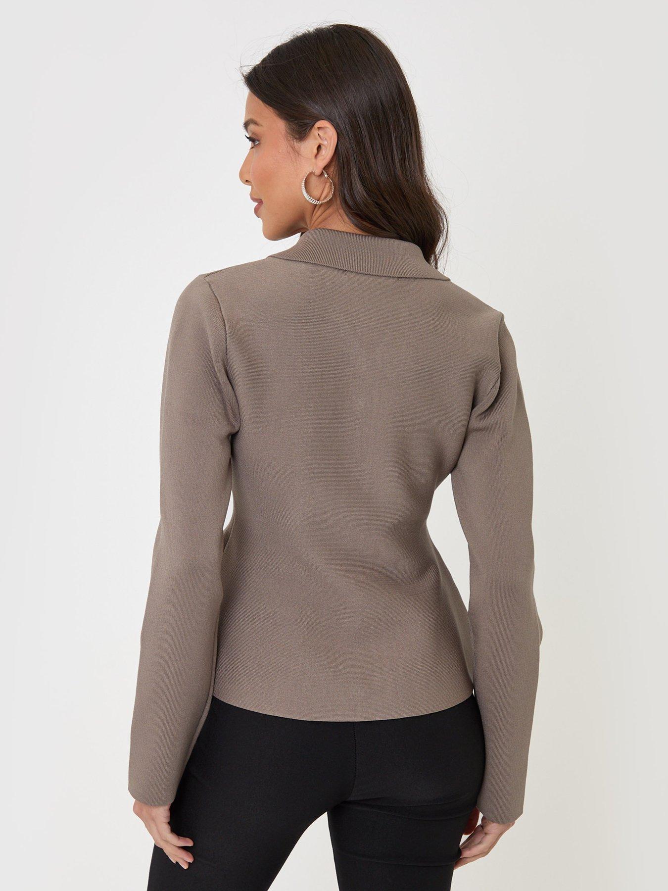Image 2 of 4 of Threadbare Womens Peplum Collared Button-Through Cardigan - Mink Brown