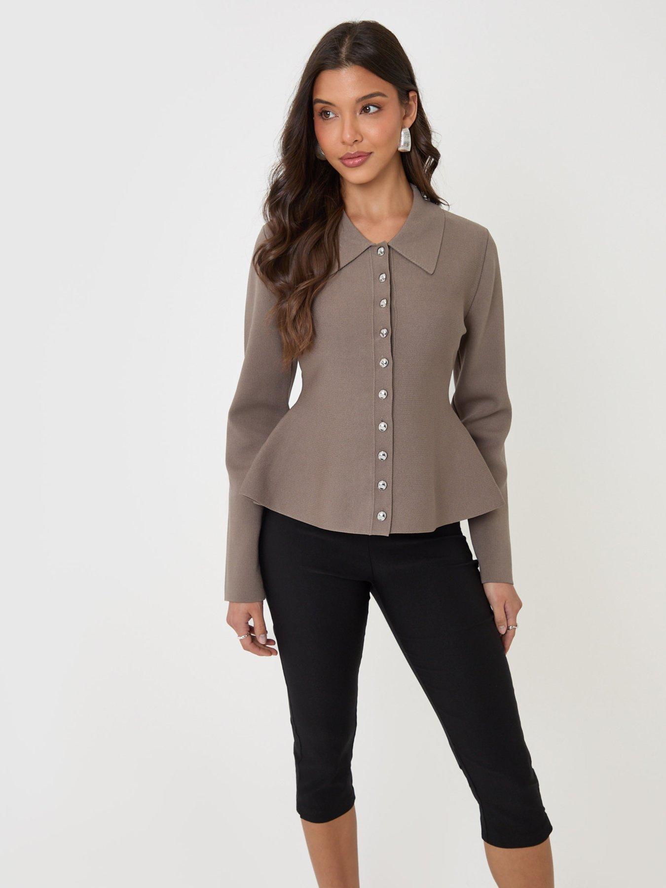 Image 3 of 4 of Threadbare Womens Peplum Collared Button-Through Cardigan - Mink Brown