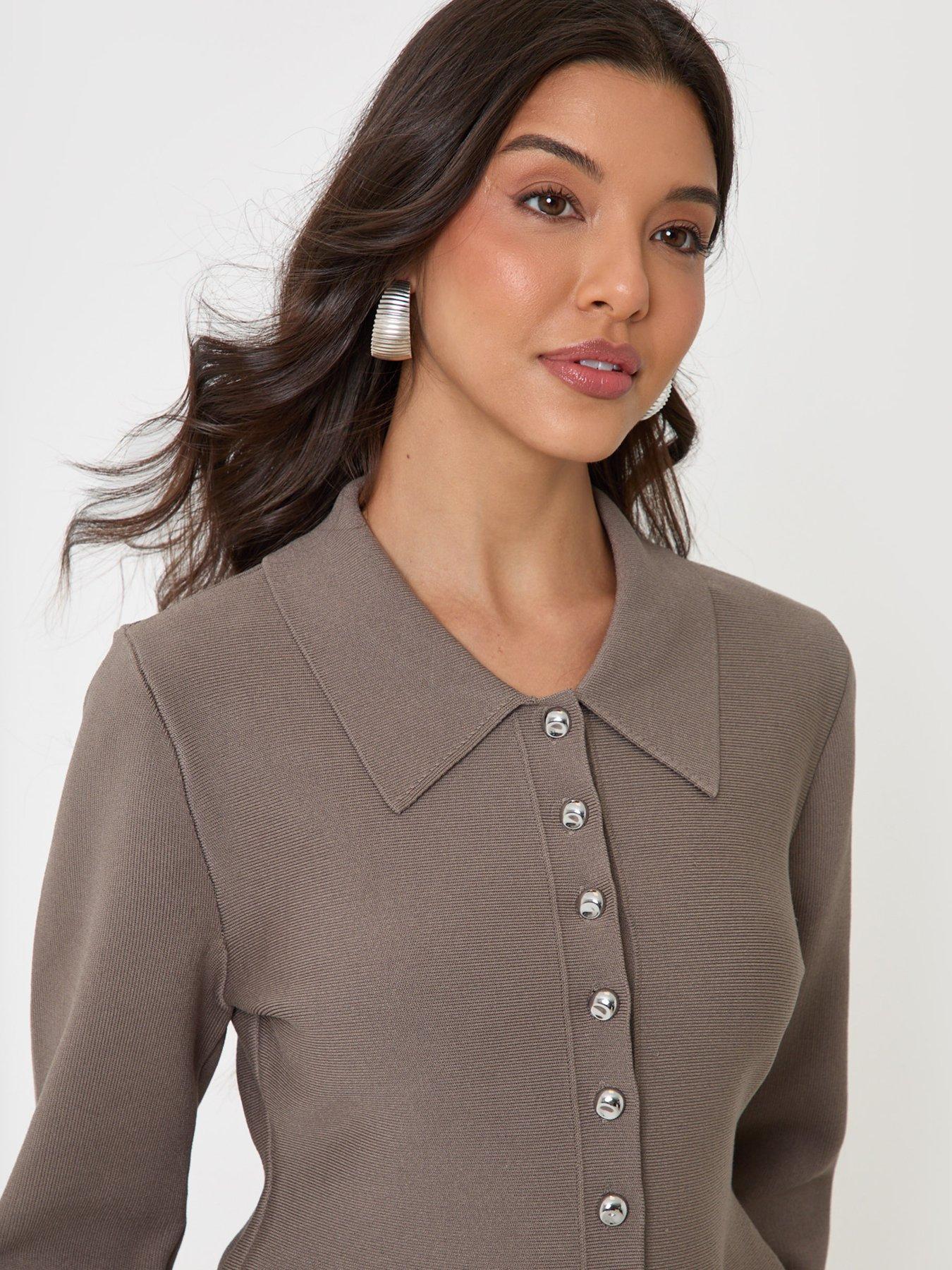 Image 4 of 4 of Threadbare Womens Peplum Collared Button-Through Cardigan - Mink Brown