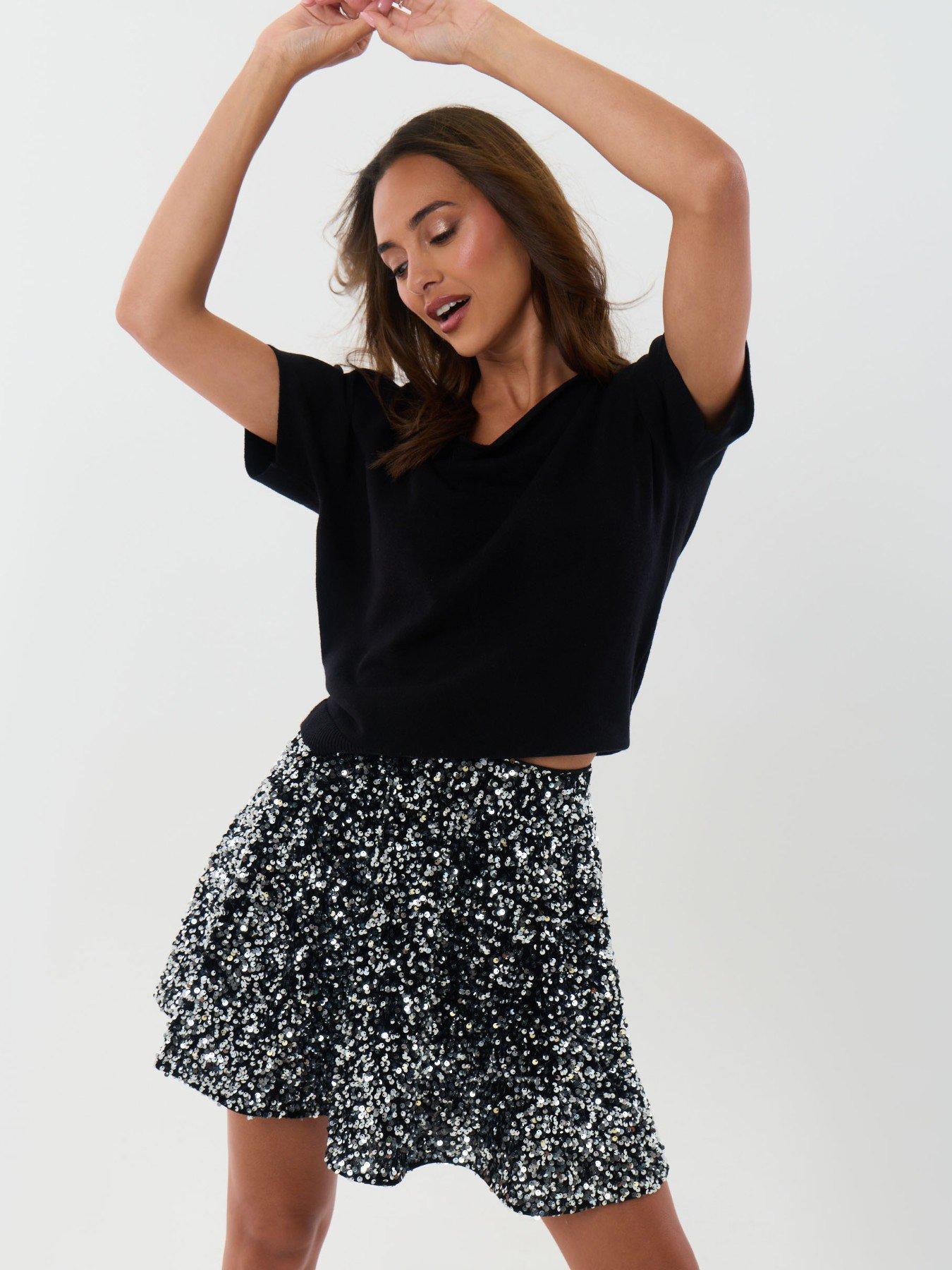 Image 1 of 5 of Threadbare Sequin Mini Swing Skirt In Charcoal Grey