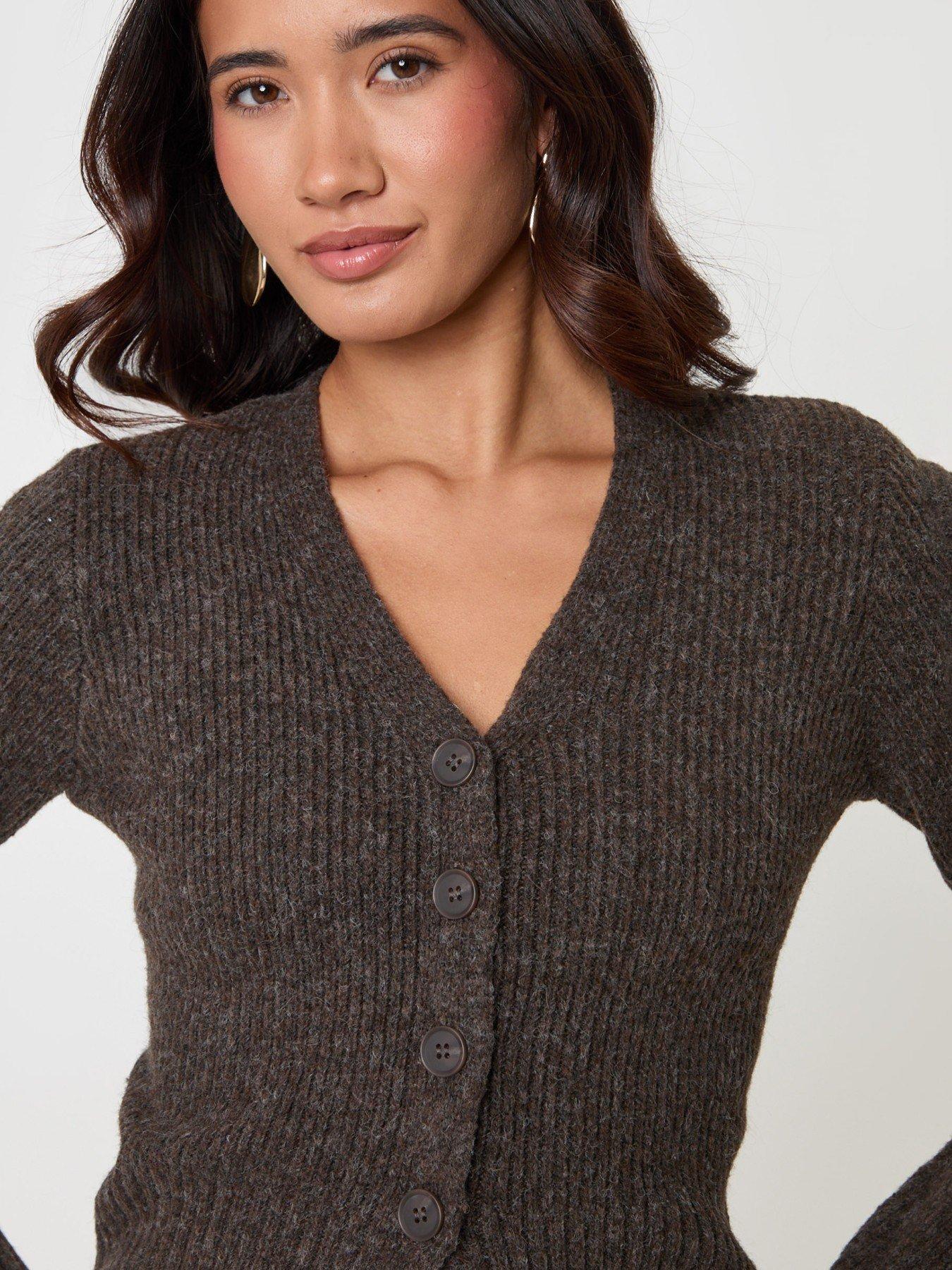 Image 4 of 4 of Threadbare Womens V-Neck Ribbed Button Cardigan - Brown