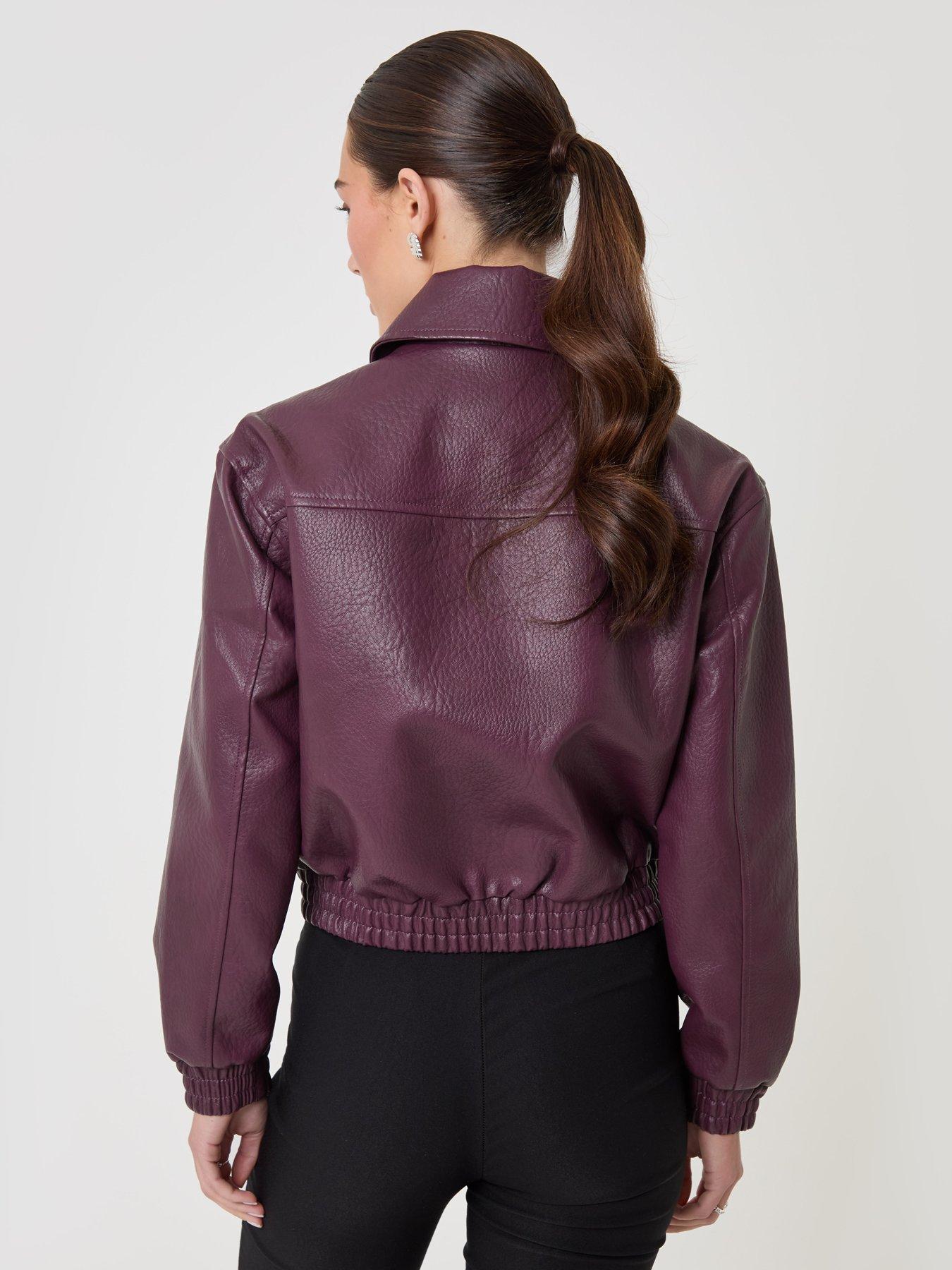 Image 2 of 4 of Threadbare Womens Collared Faux Leather Bomber Jacket - Plum