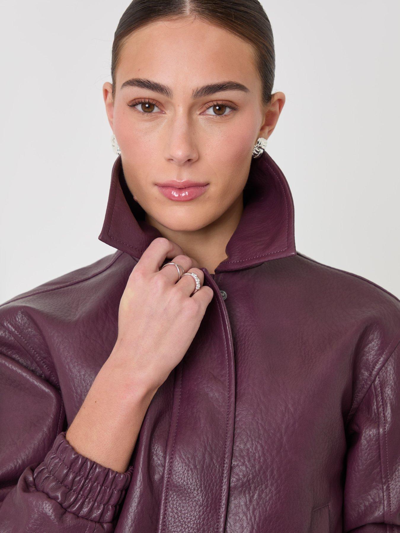Image 4 of 4 of Threadbare Womens Collared Faux Leather Bomber Jacket - Plum