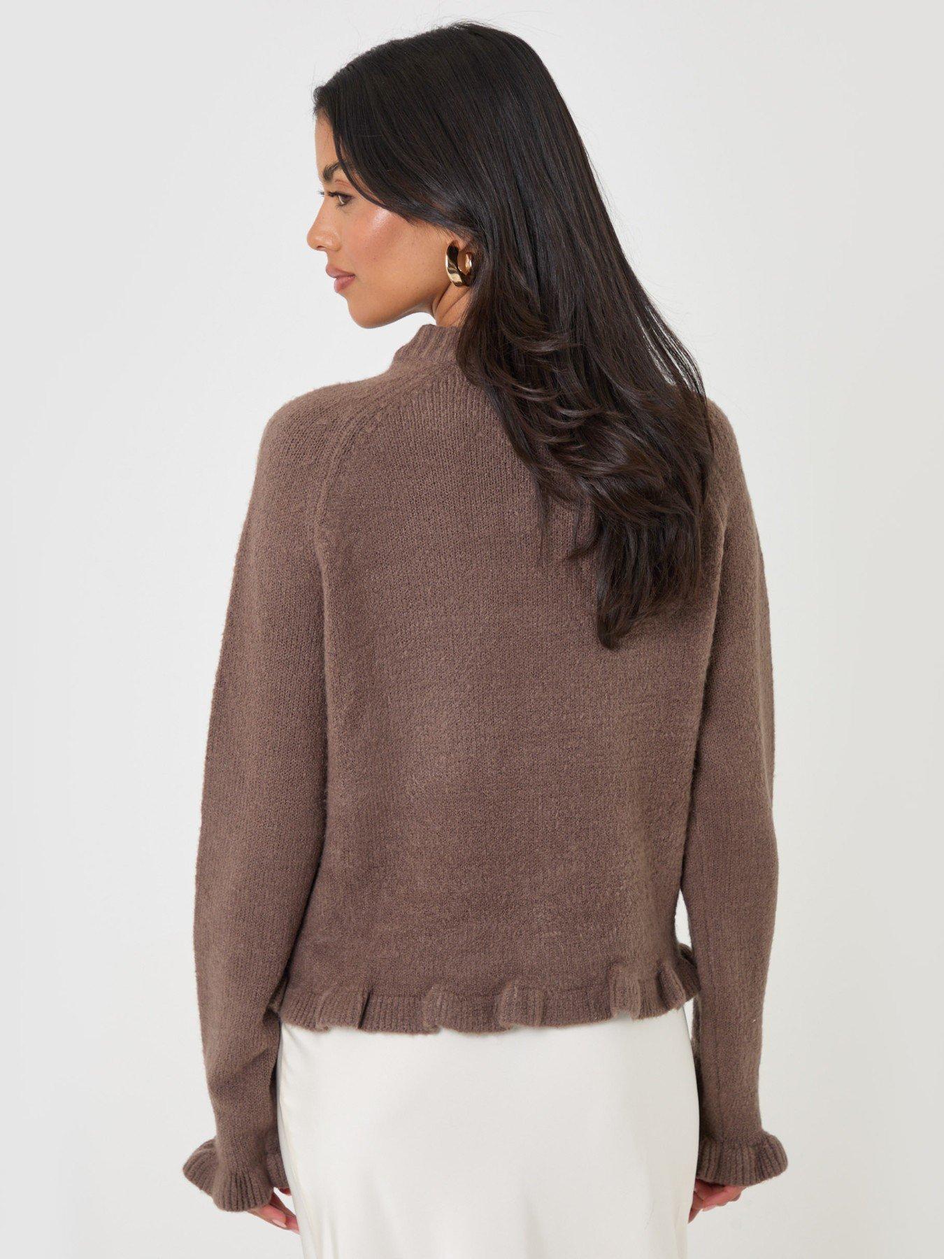 Image 3 of 5 of Threadbare Womens Ruffle Trim Crew Neck Cardigan - Mocha Brown