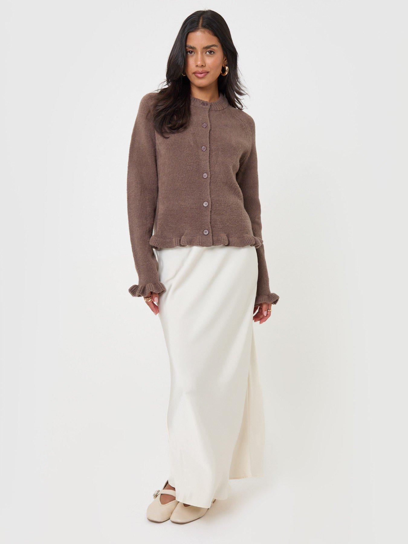 Image 4 of 5 of Threadbare Womens Ruffle Trim Crew Neck Cardigan - Mocha Brown