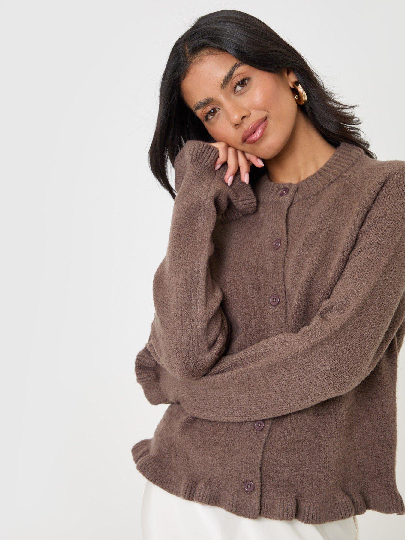 Image 5 of 5 of Threadbare Womens Ruffle Trim Crew Neck Cardigan - Mocha Brown