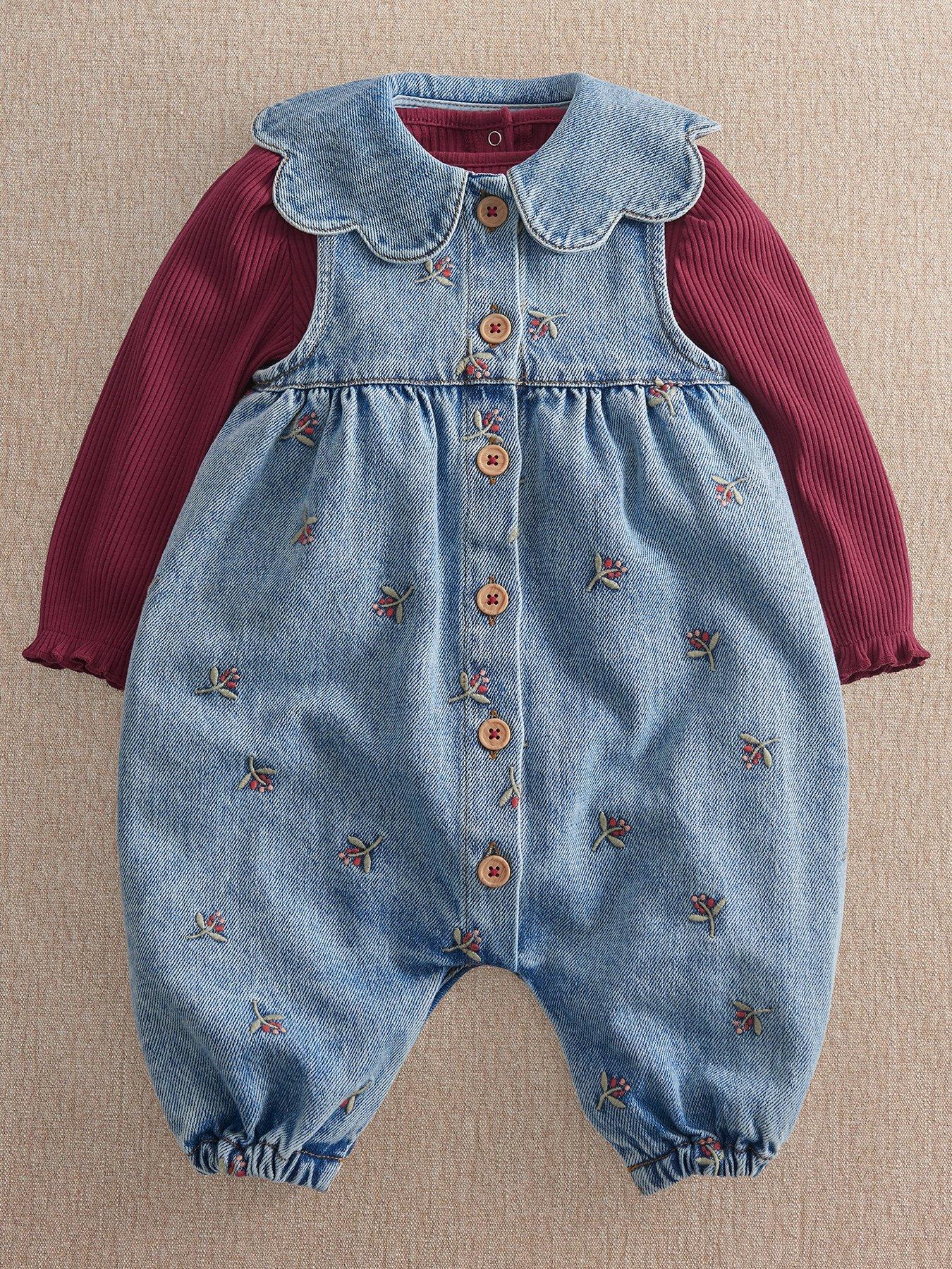 Mamas & Papas Baby Girls 2 Piece Berry Denim Dungarees & Ribbed Bodysuit Set, Blue, Size 6-9 Months
