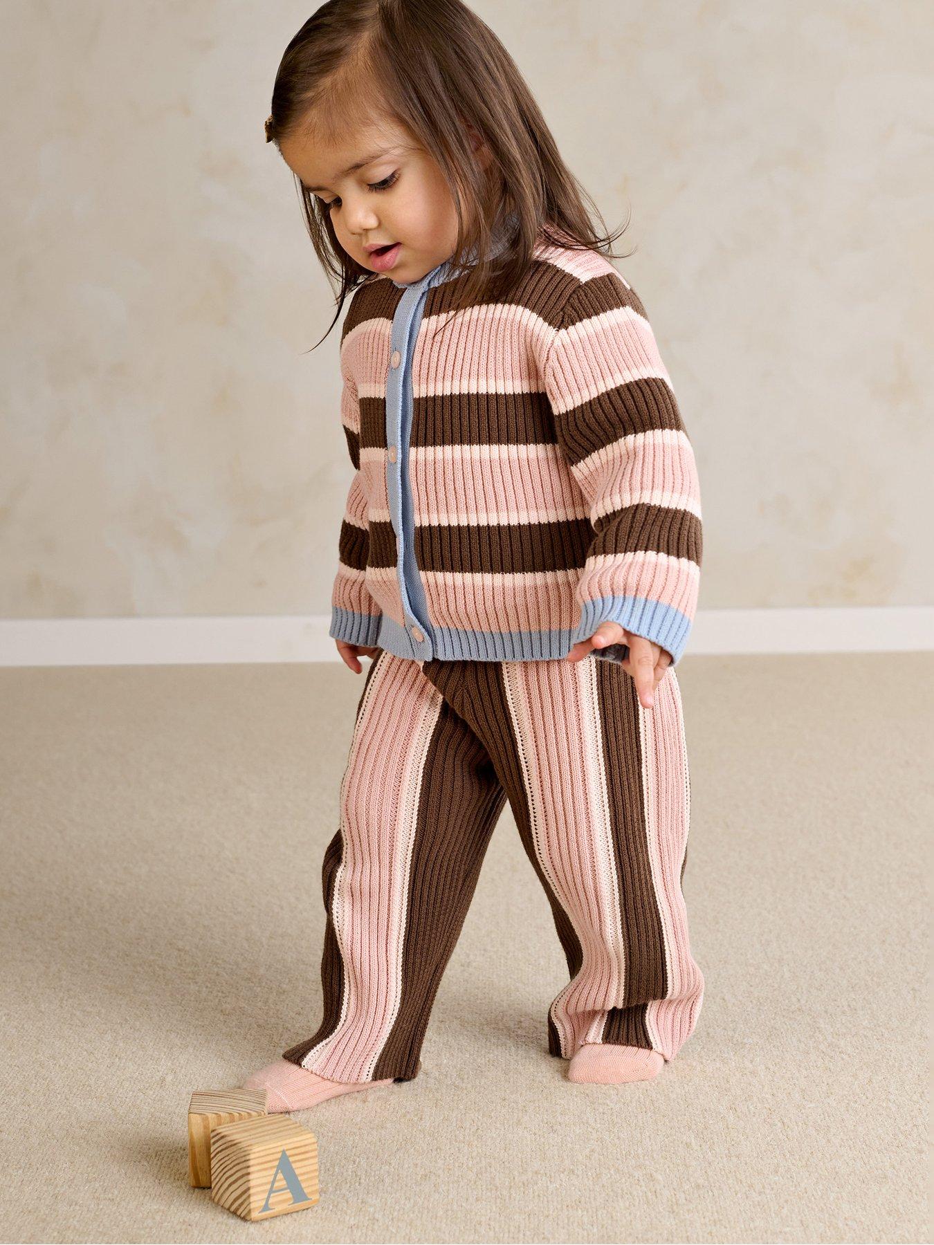 Mamas & Papas Baby Girls 2 Piece Stripe Cardigan & Knitted Wide Leg Trousers, Multi, Size 9-12 Months