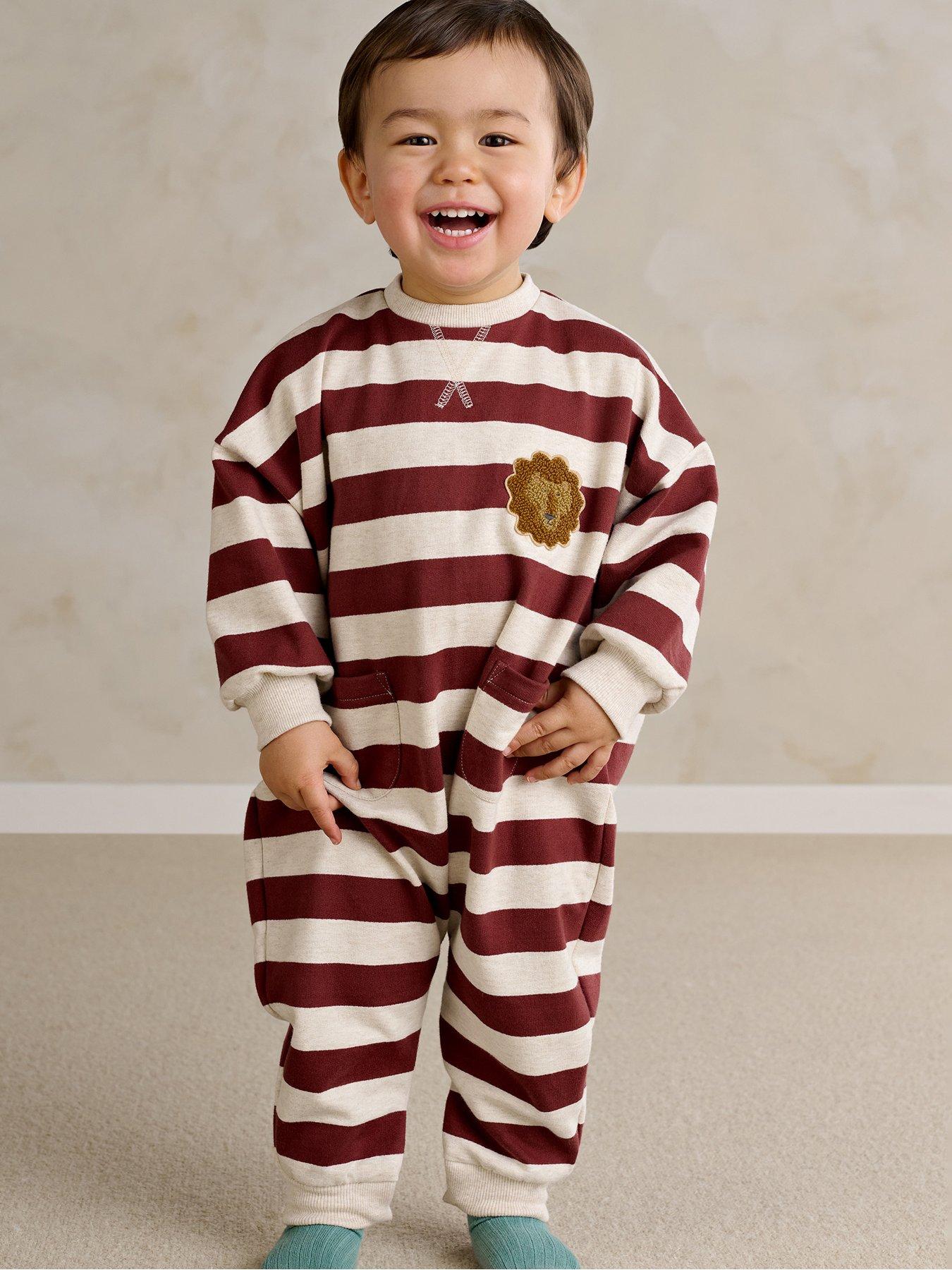 Mamas & Papas Baby Boys Lion Stripe Romper, Dark Red, Size 0-3 Months