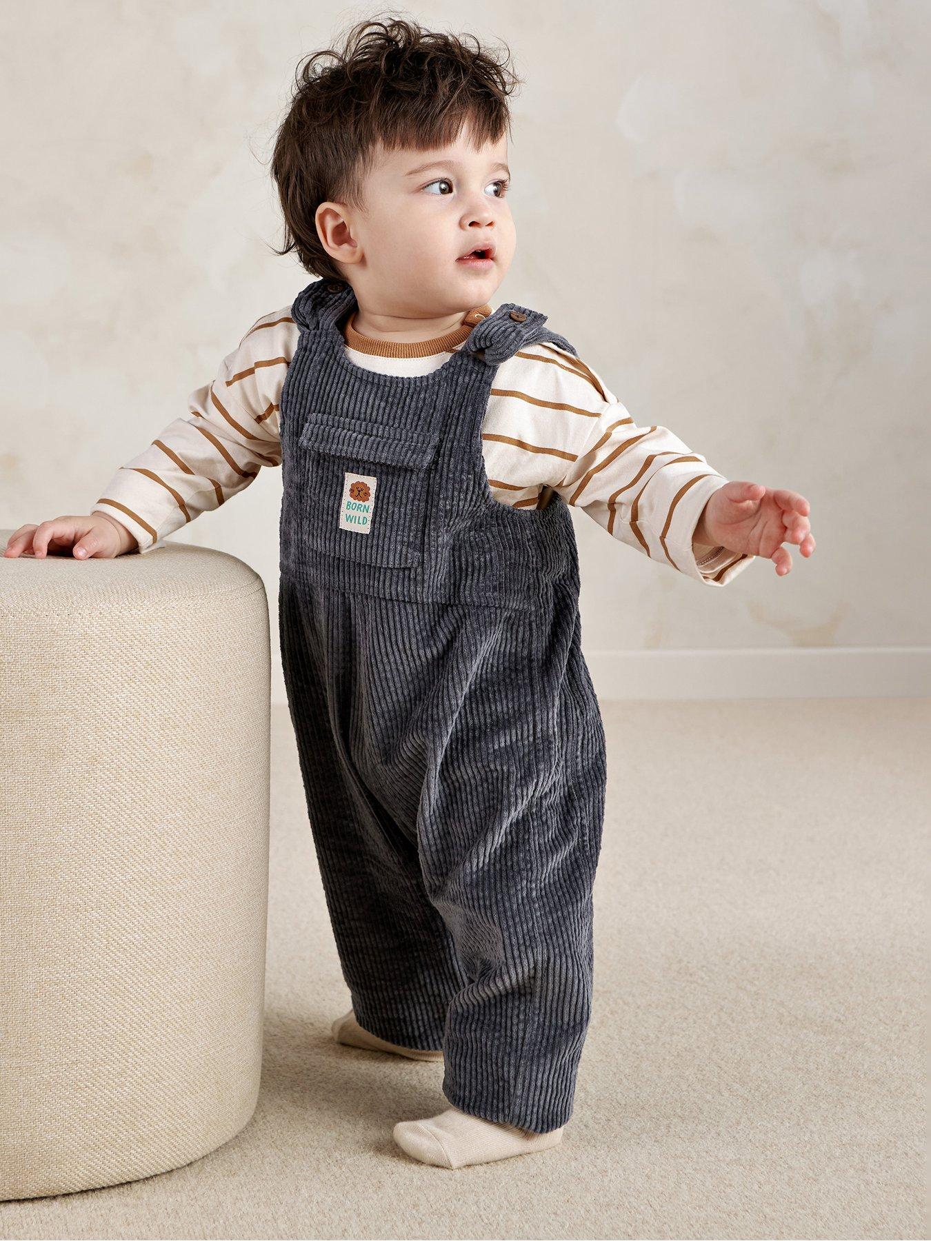 Mamas & Papas Baby Boys 2 Piece Cord Dungarees & Long Sleeve Top Set, Blue, Size 3-6 Months