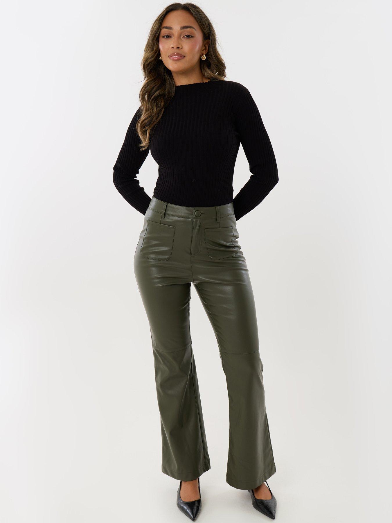 Image 1 of 5 of Threadbare Faux Leather Flared Trousers In Khaki