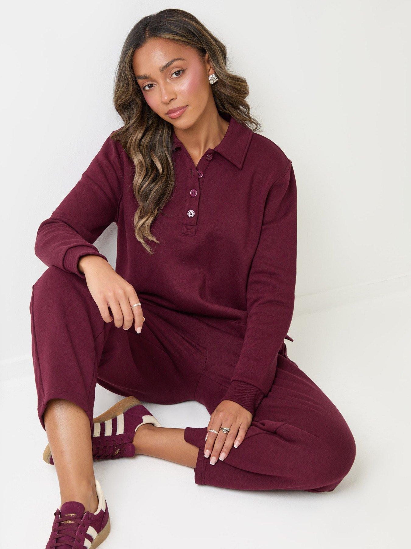 Image 1 of 5 of Threadbare Womens Polo Collar Barrel Leg Lounge Set - Purple