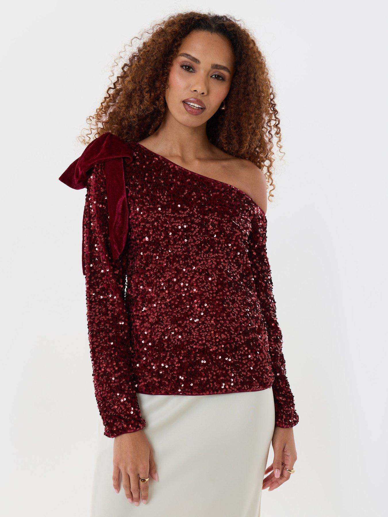 Image 1 of 5 of Threadbare Womens Slash Neck Sequin Bow Detail Blouse - Burgundy