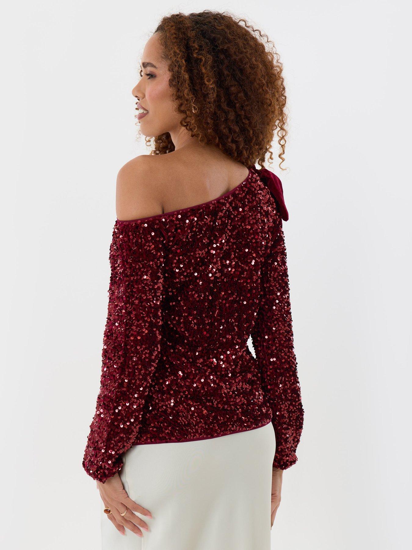Image 2 of 5 of Threadbare Womens Slash Neck Sequin Bow Detail Blouse - Burgundy