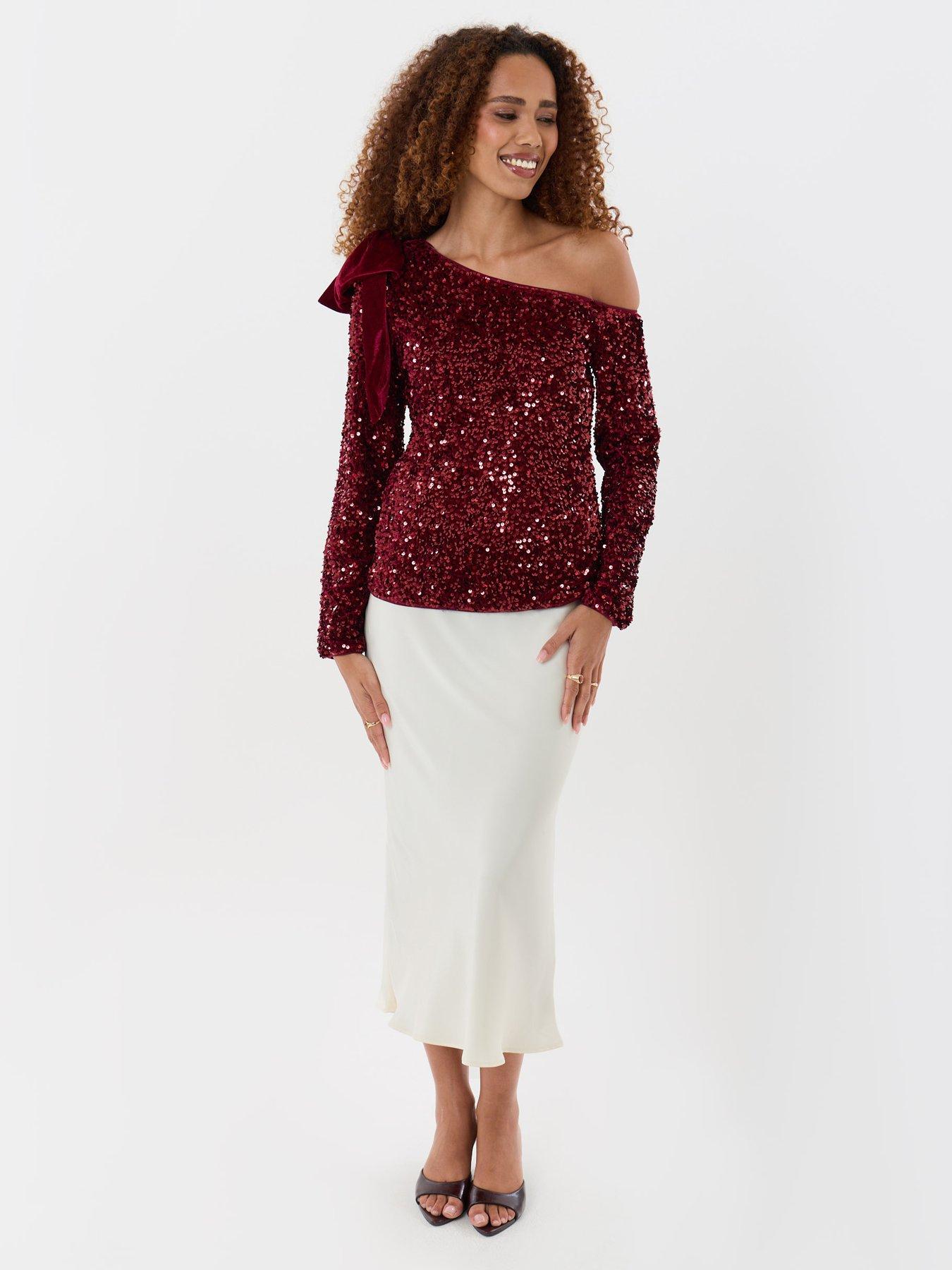 Image 3 of 5 of Threadbare Womens Slash Neck Sequin Bow Detail Blouse - Burgundy