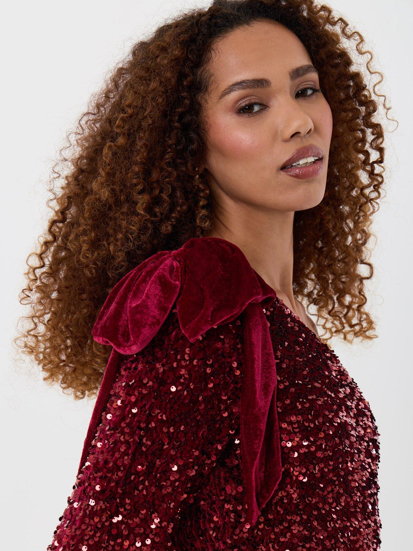 Image 4 of 5 of Threadbare Womens Slash Neck Sequin Bow Detail Blouse - Burgundy