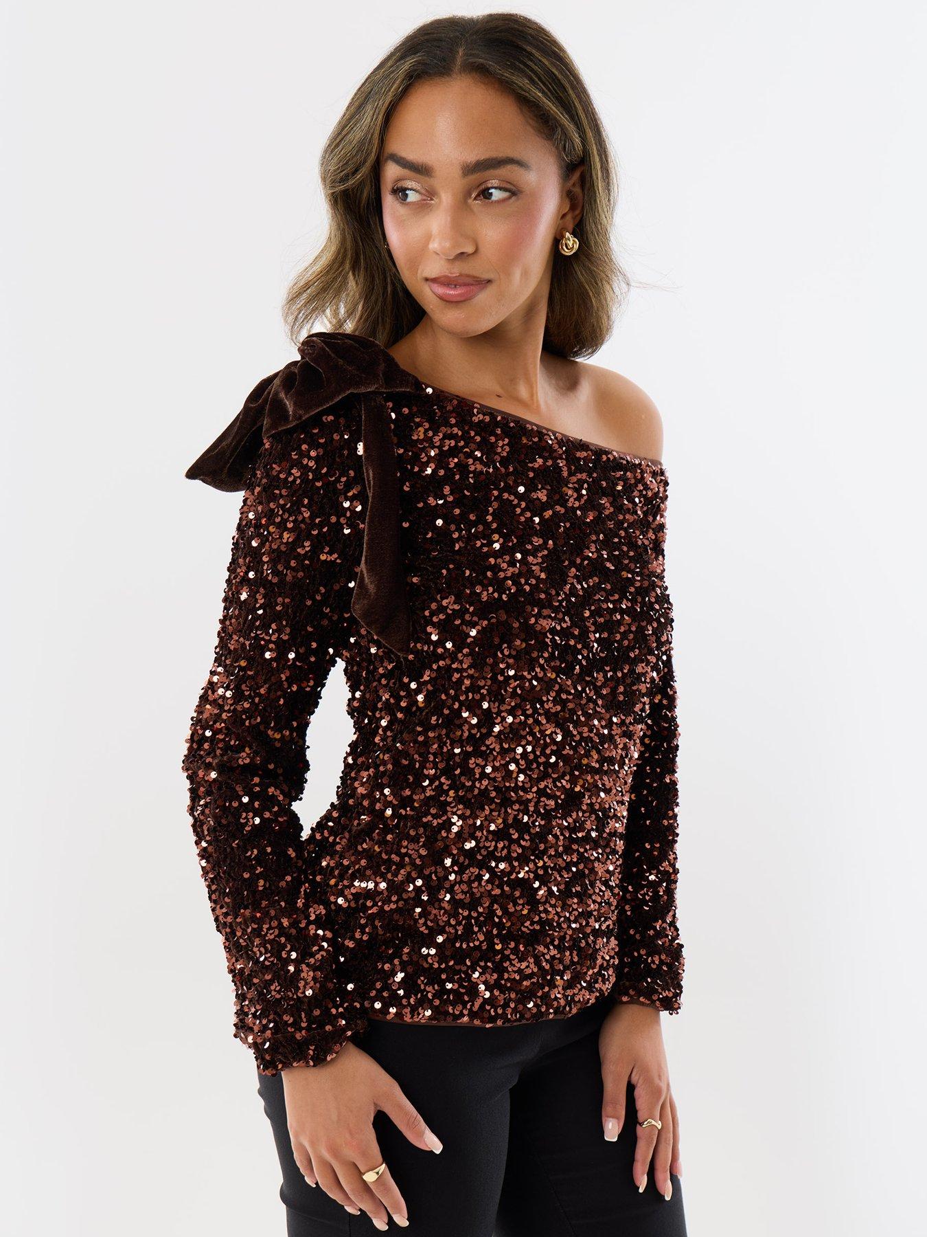 Image 1 of 5 of Threadbare Womens Sequin Slash Neck Bow Blouse - Brown