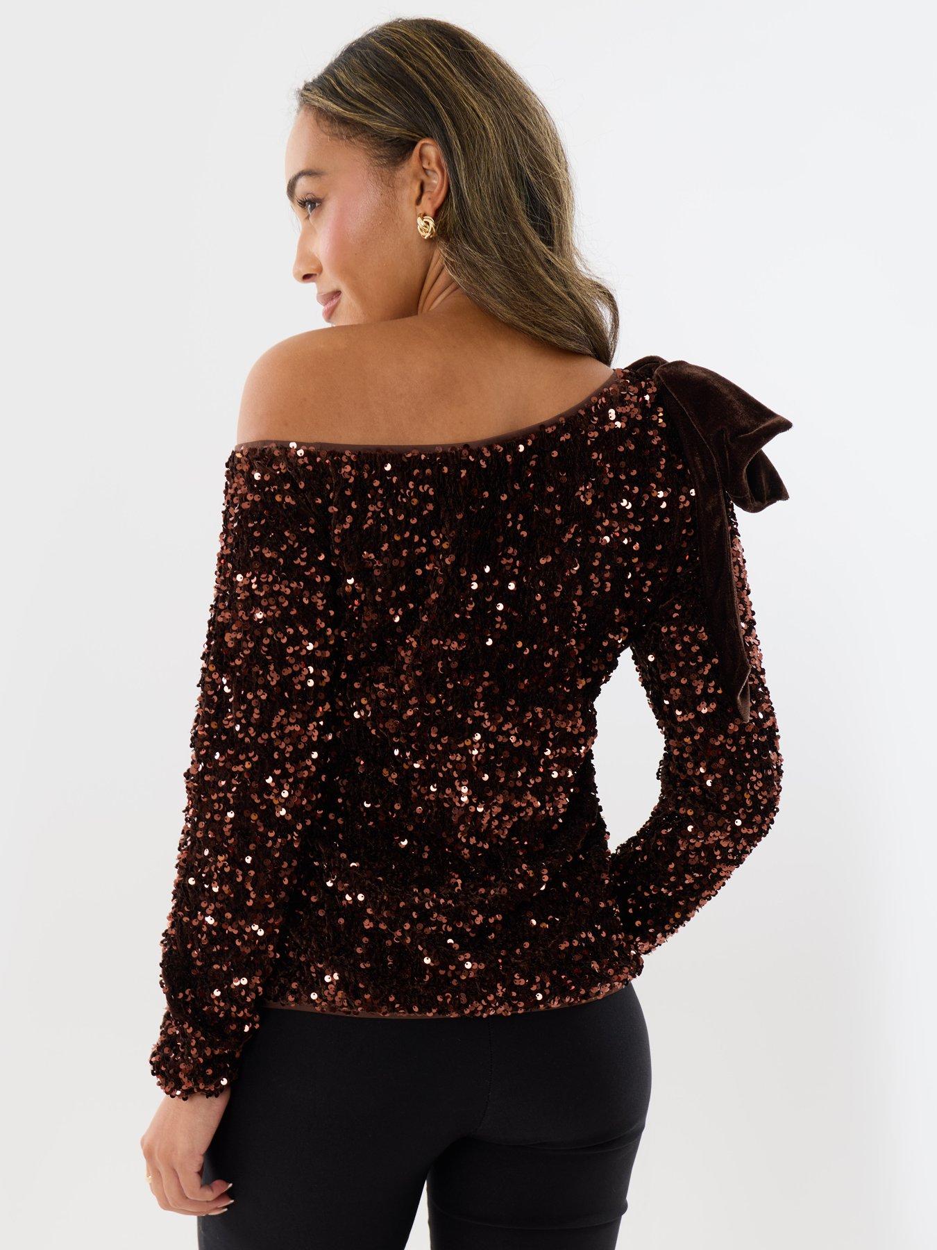 Image 2 of 5 of Threadbare Womens Sequin Slash Neck Bow Blouse - Brown