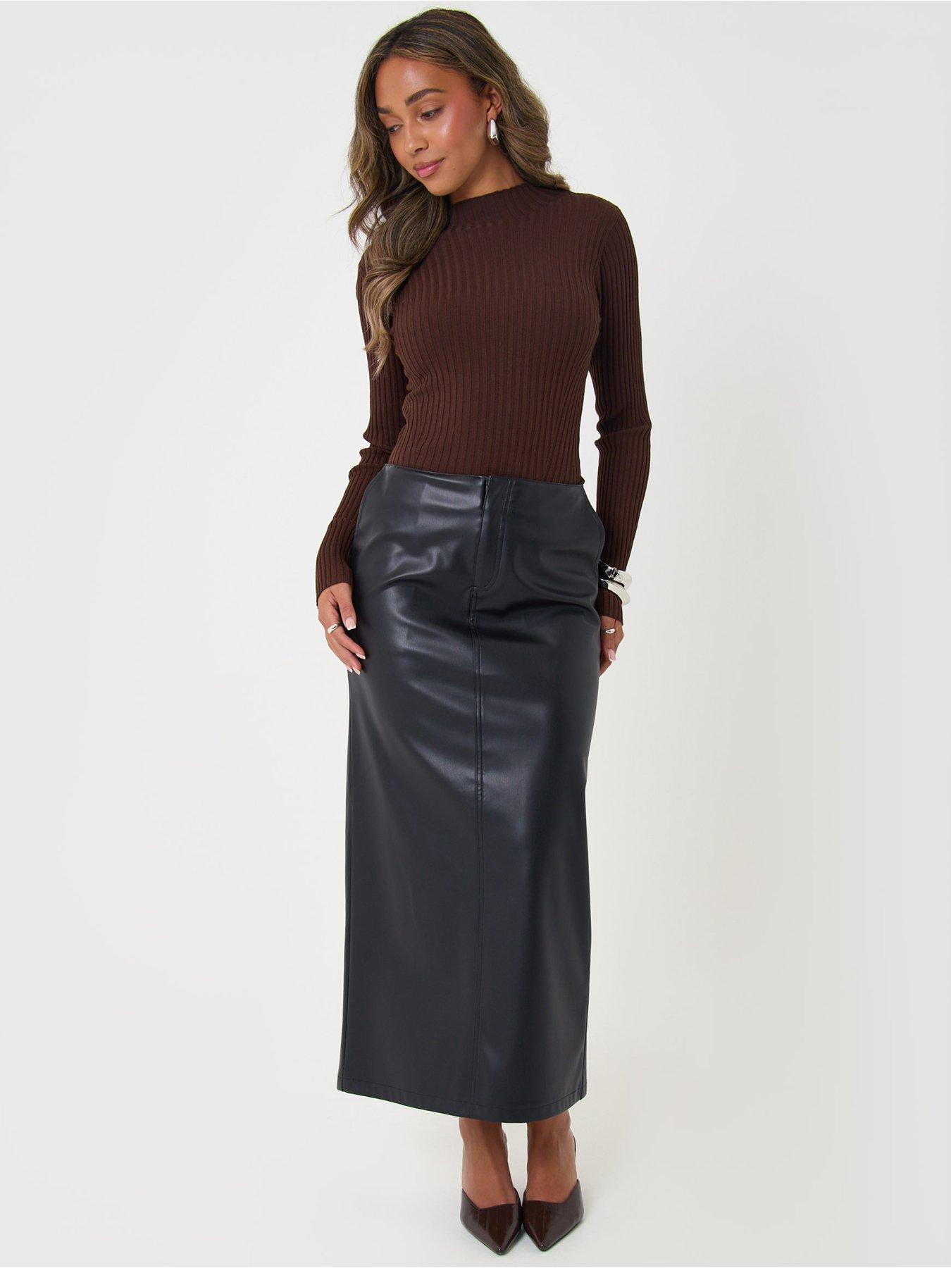Image 3 of 4 of Threadbare Womens Faux Leather Side Split Maxi Skirt - Black